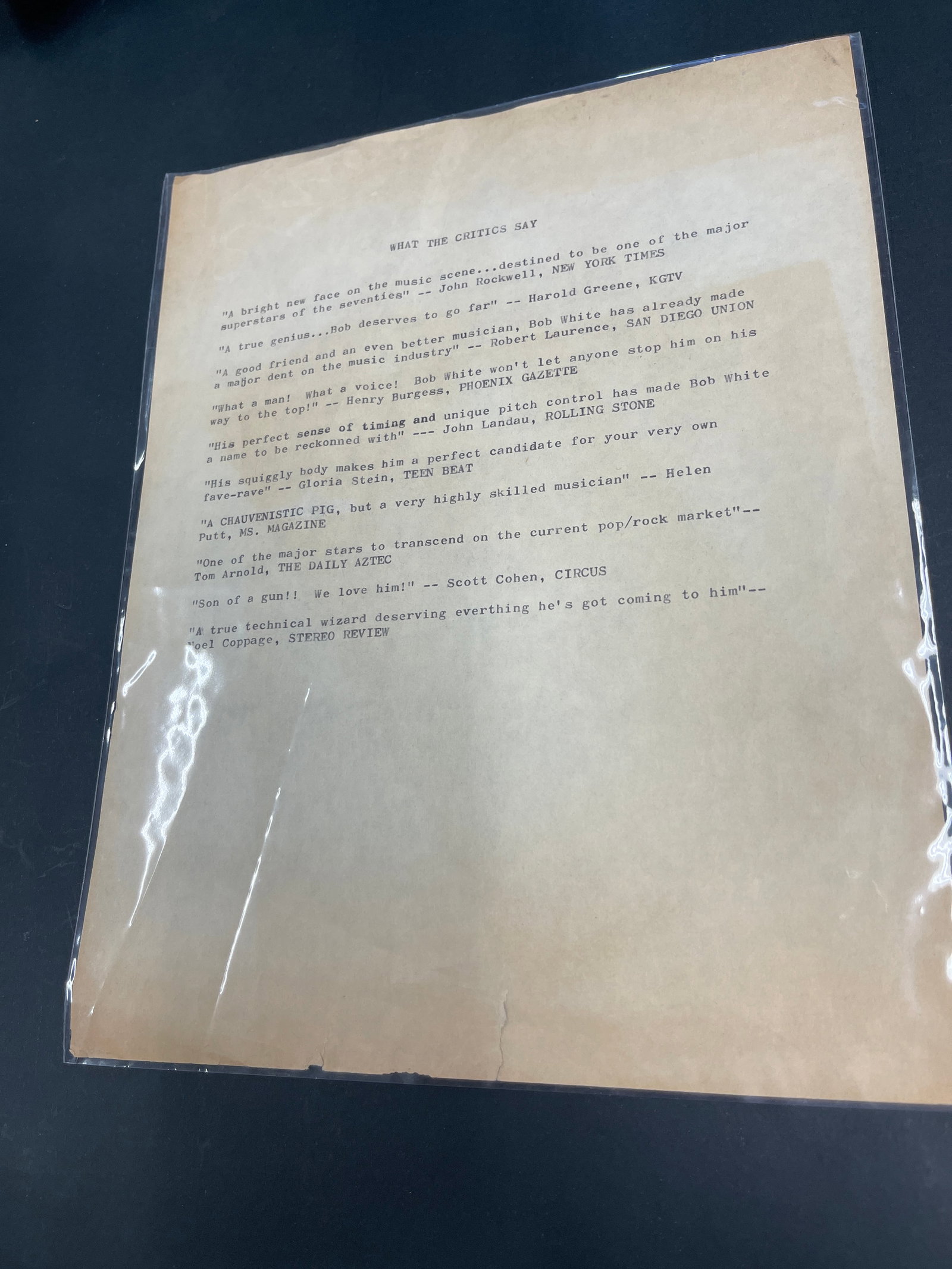 Bob White Musician Vintage Press Kit Critics Quote Sheet 1970s Typewritten (1 of 2)