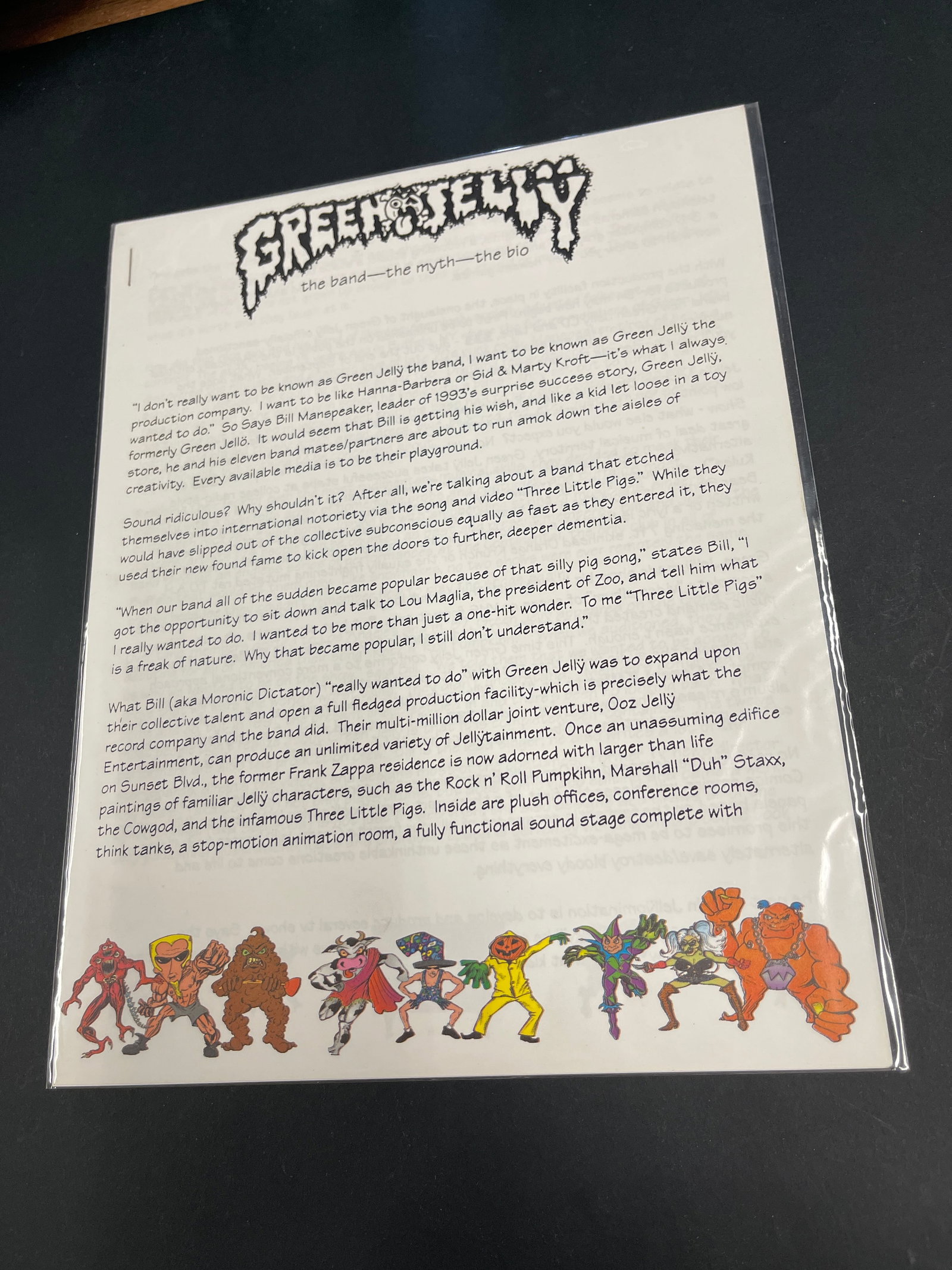 Green Jelly Band Official Bio Press Kit Sheet with Character Artwork 1990s (1 of 2)