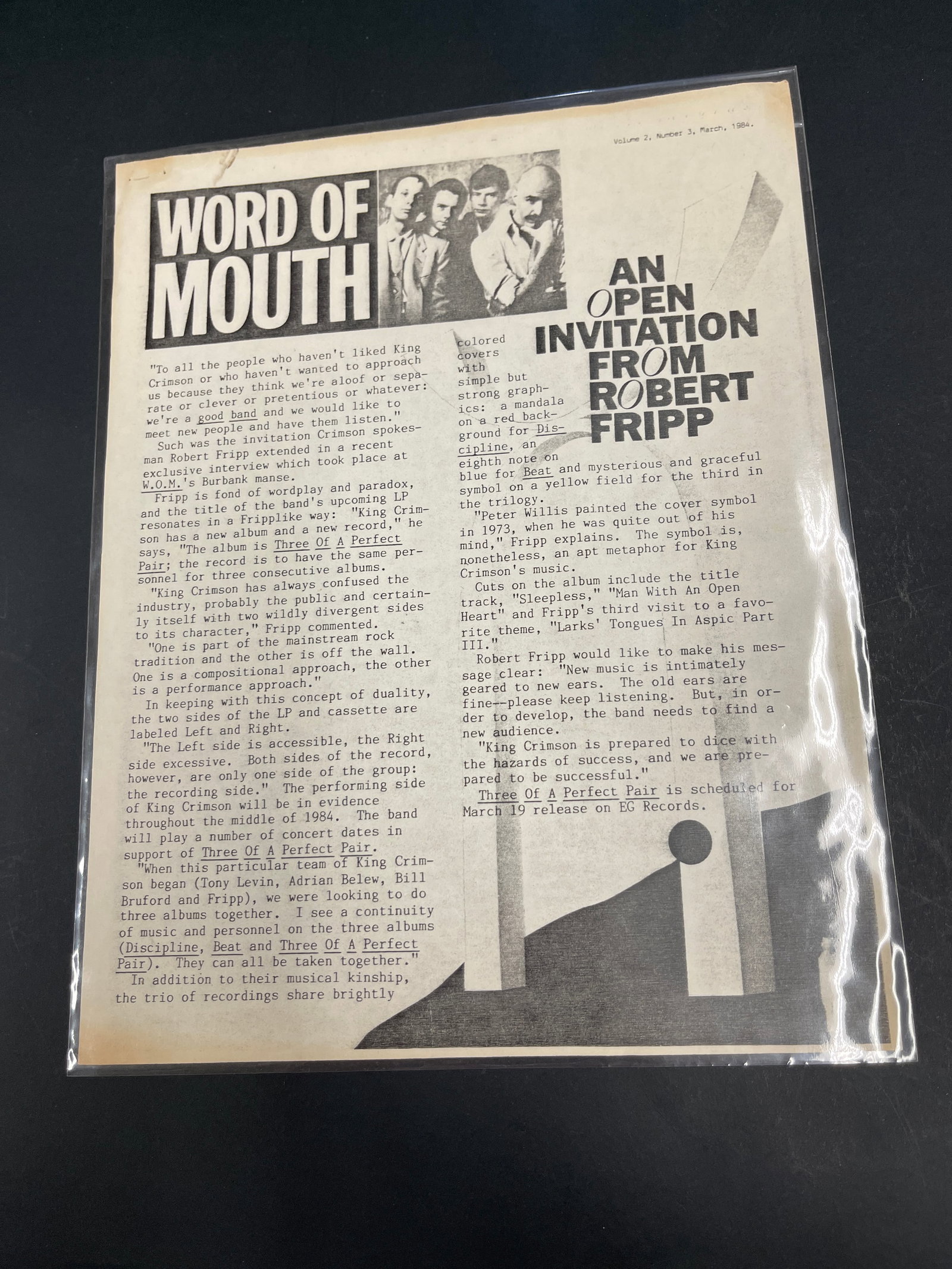 King Crimson Robert Fripp Word of Mouth Newsletter March 1984 Vol 2 No 3 (1 of 2)