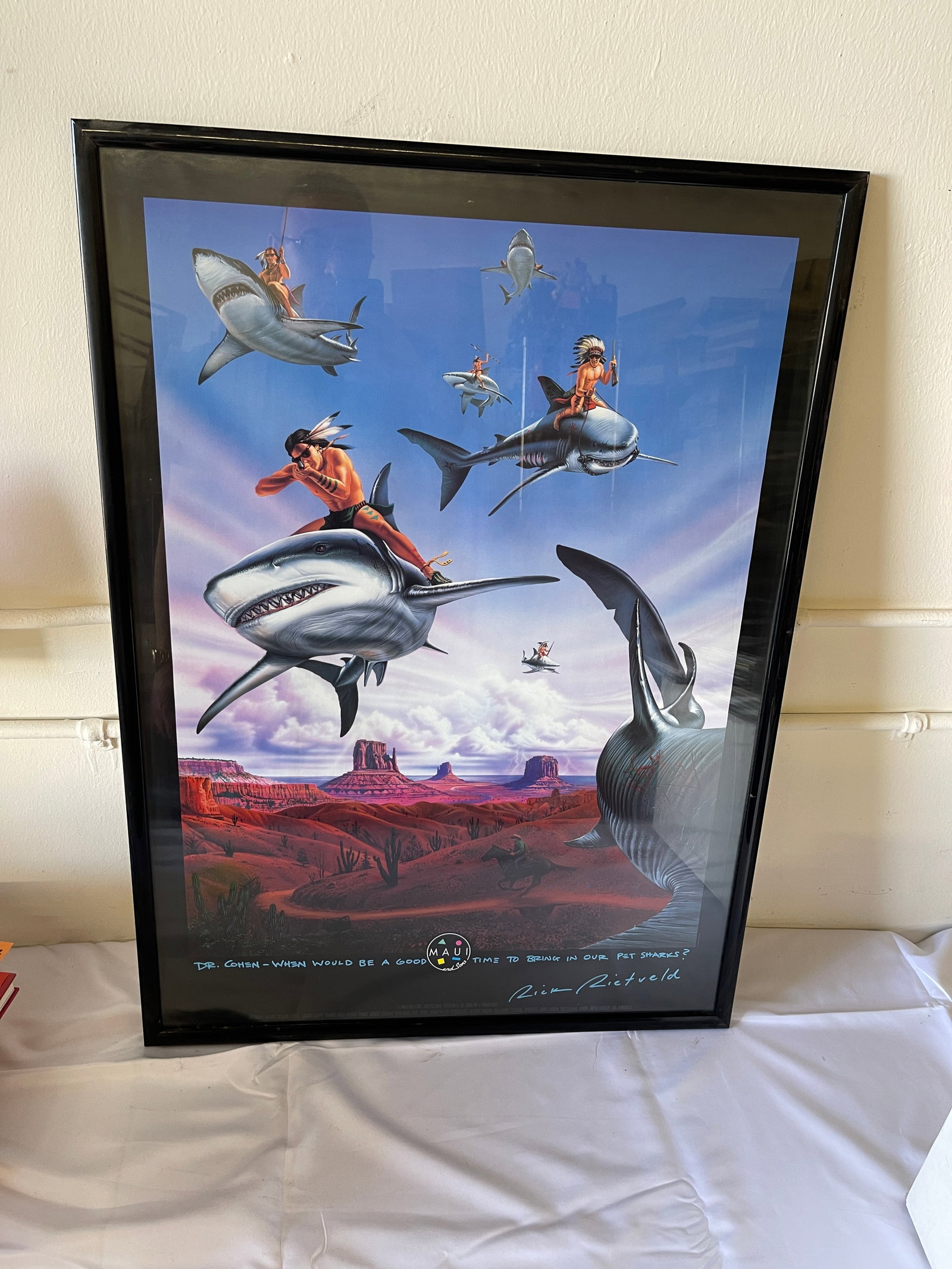 Maui and Sons Shark Riders Poster Signed Rick Rietveld 25x34 Framed: Maui and Sons Shark Riders Poster Signed Rick Rietveld 25x34 Framed