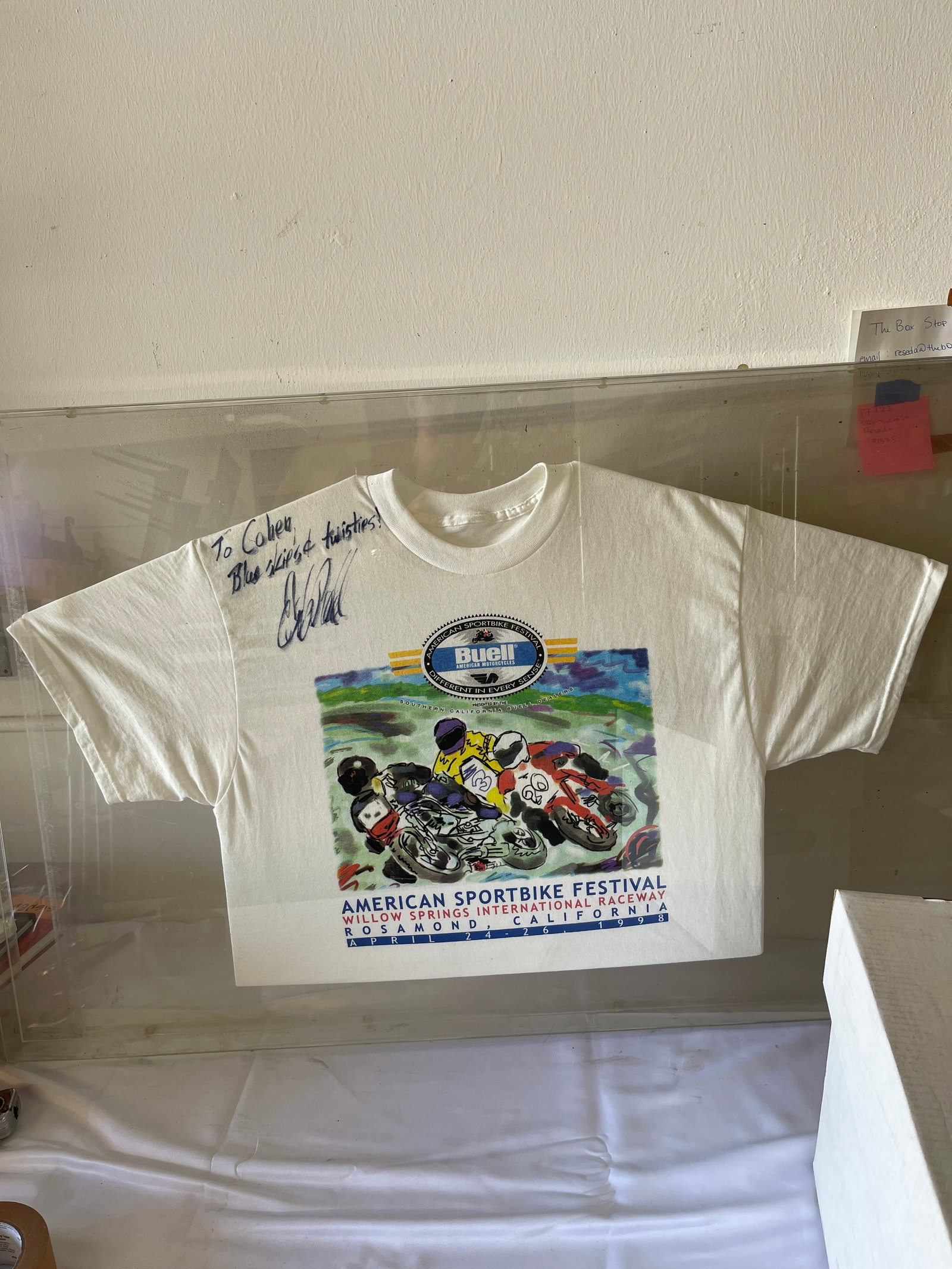 1998 American Sportbike Festival Buell Signed T-Shirt Framed Willow Springs CA: 1998 American Sportbike Festival Buell Signed T-Shirt Framed Willow Springs CA