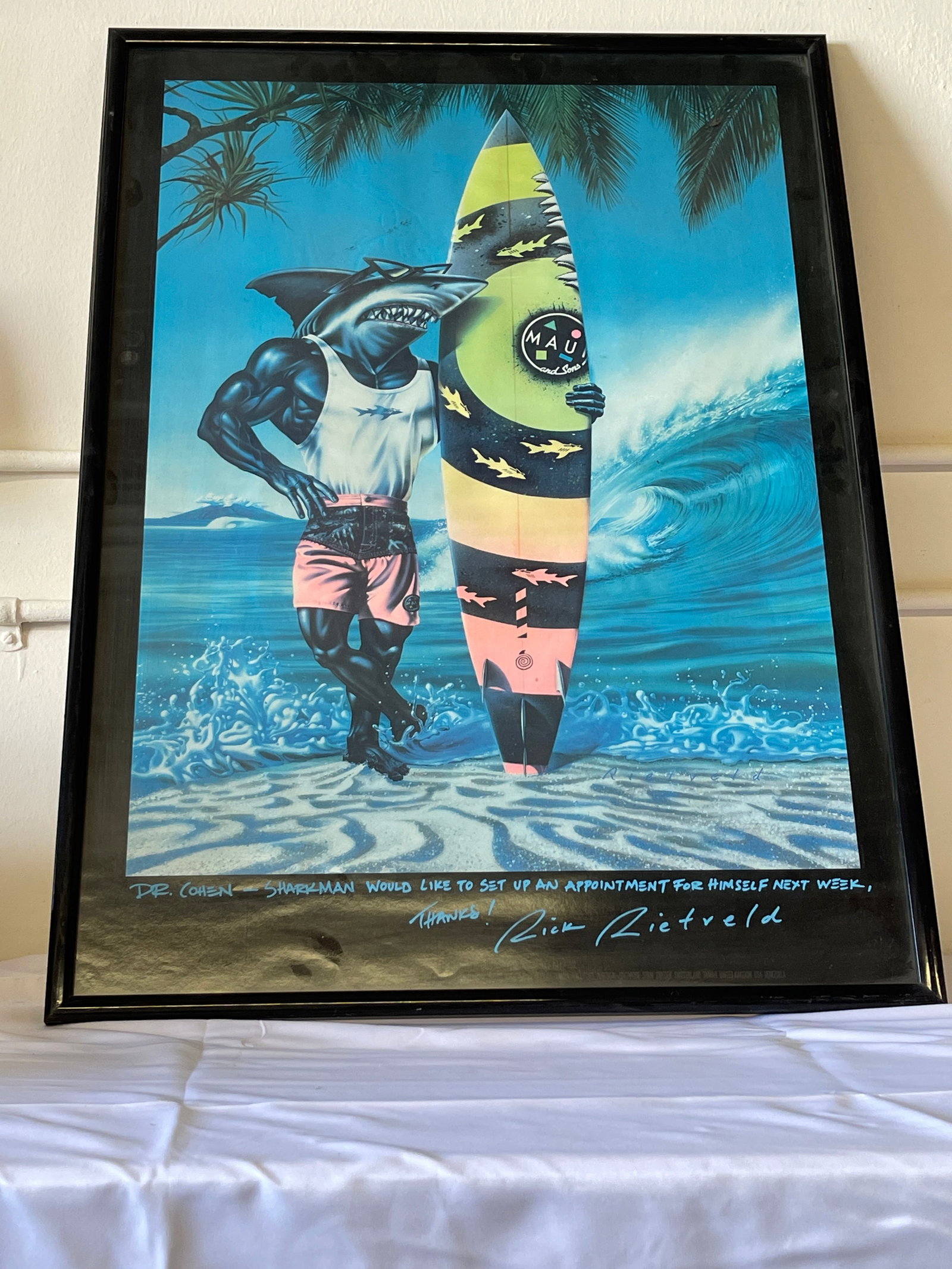 Sharkman Maui and Sons Signed Rick Rietveld Vintage Surf Poster Framed 25x34: Sharkman Maui and Sons Signed Rick Rietveld Vintage Surf Poster Framed 25x34