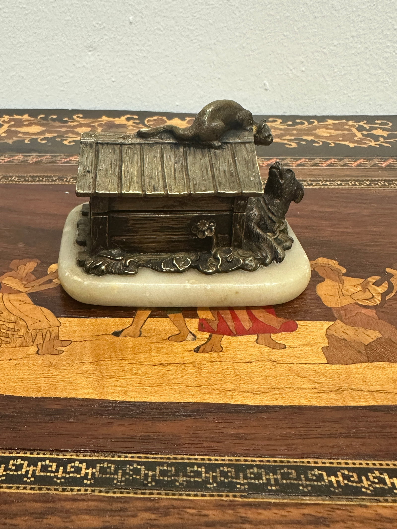 Antique Bronze Dog & Cat Figural Inkwell Box on Marble Base, 19th C (1 of 8)