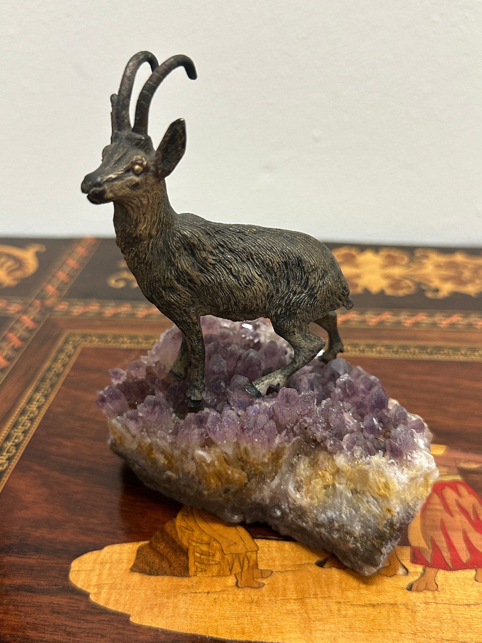 Bronze Alpine Ibex Chamois Figurine on Natural Amethyst Crystal Cluster Base (1 of 7)