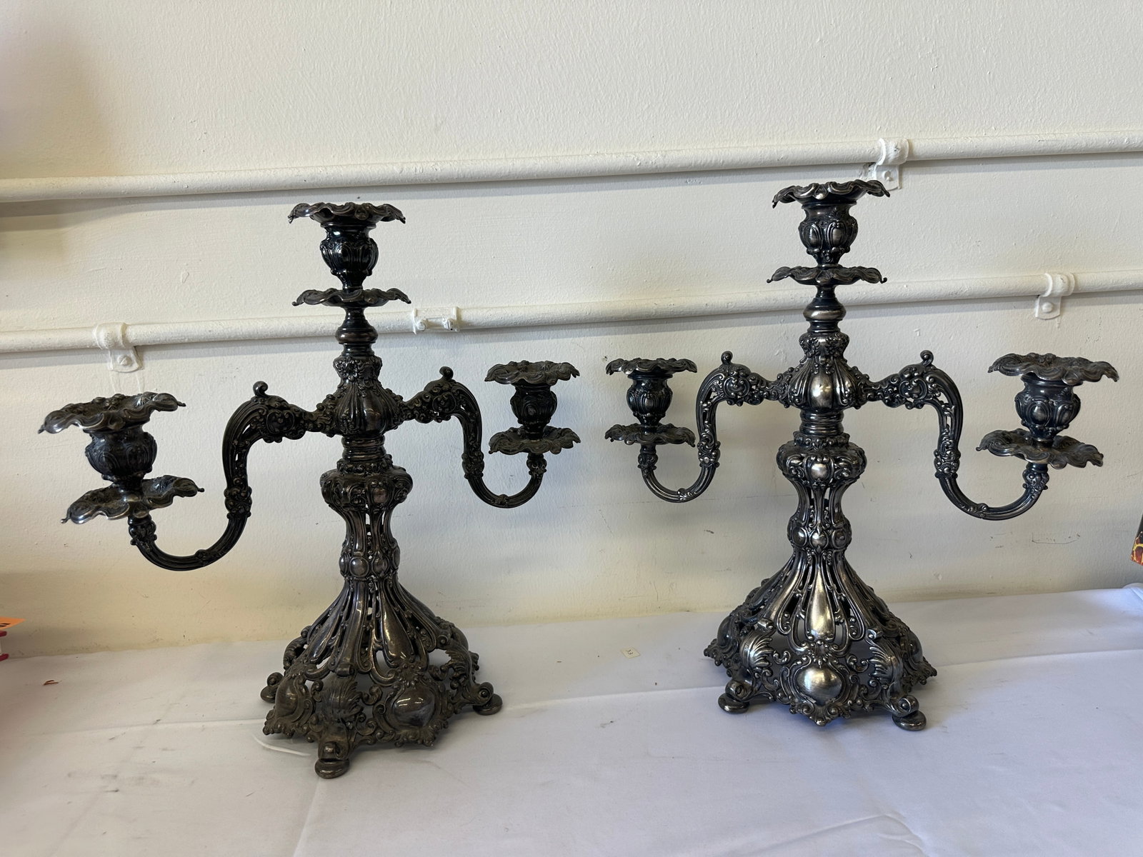 Pair Antique Victorian Silver Plate Rococo 3-Light Candelabra, 16" Height (1 of 5)
