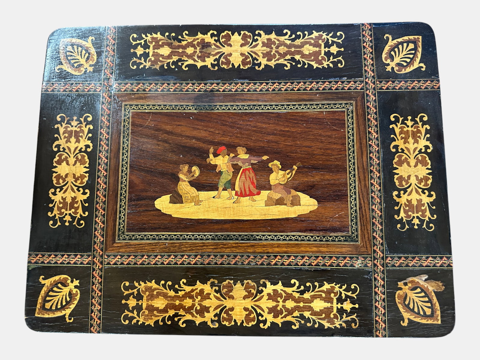 Italian Sorrento Marquetry Music Box Side Table, Ebonized, Cabriole Legs (1 of 9)