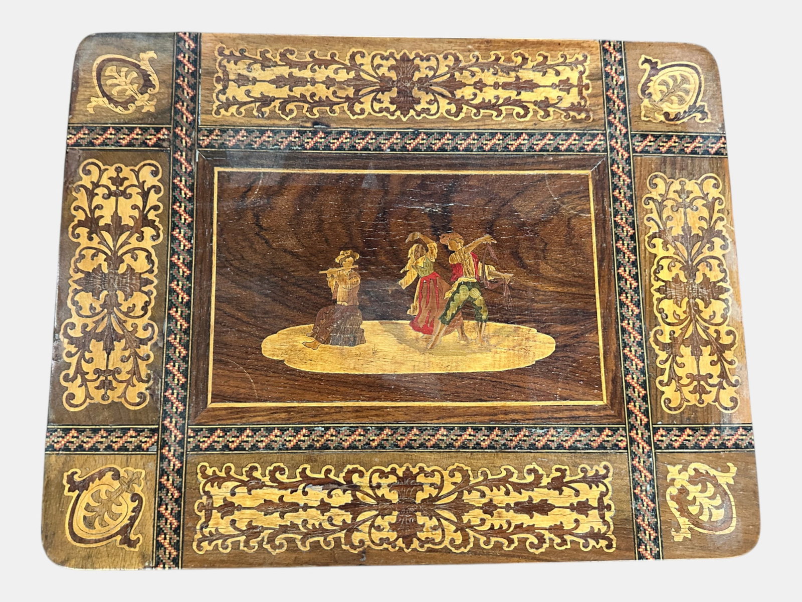 Italian Sorrento Marquetry Inlaid Music Box Side Table with Commedia Figures (1 of 8)