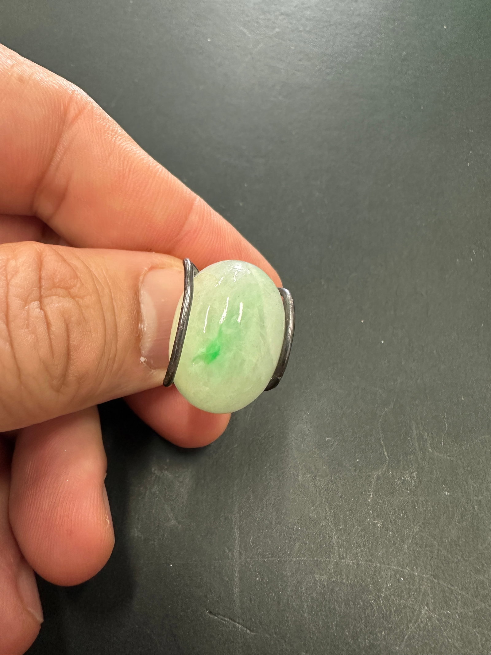 Jadeite Jade Cabochon Ring with White Green Stone in Dark Metal Setting (1 of 4)