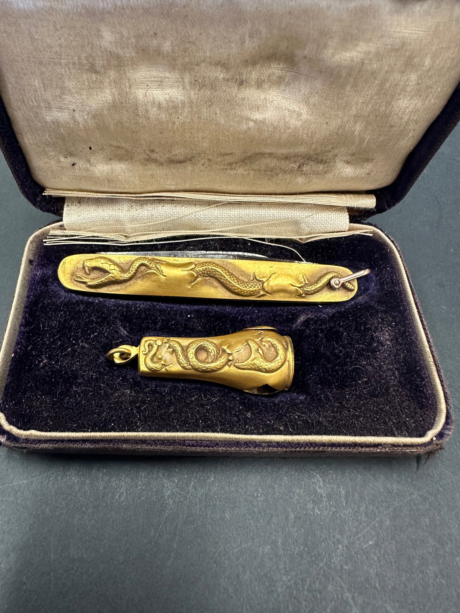 Antique Art Noveau Serpent Snake Pocket Knife Cigar Cutter Set (1 of 6)