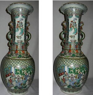 Pair Chinese Porcelain Famille Rose Vases 19th Century: Pair of large famille rose vases with court scenes, porcelain, China, nineteenth century; Dimensions: each approximately 62 cm x 28 cm 24.4"H x 11"D