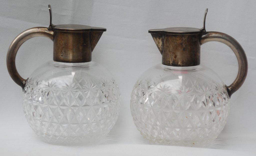 Pair Russian Hallmarked Silver Cut Glass Pitcher: Antique Russian Modern Hallmarked Silver & Cut Glass Wine or vodka Pitcher. Russian hallmarked 84, and factory Brother Grachev H 13 cm x 20 cm or 5,1" x 7.8" inches