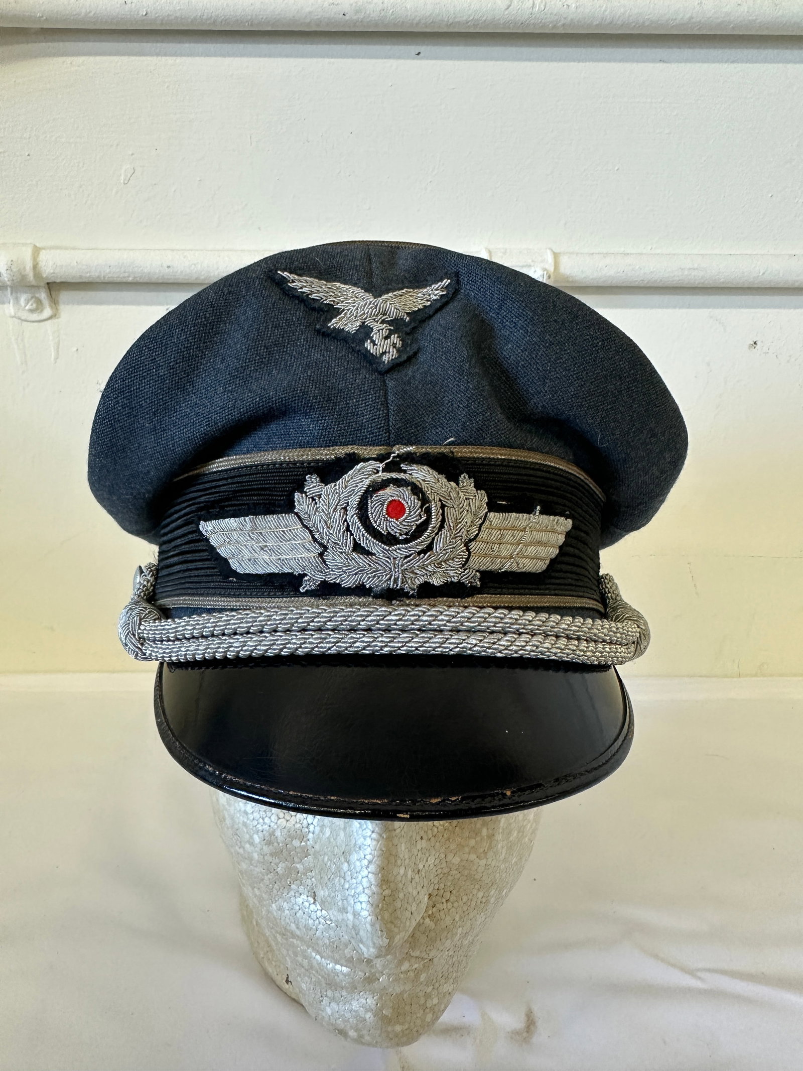 WWII German Luftwaffe Officer Peaked Visor Cap with Silver Bullion Insignia (1 of 8)