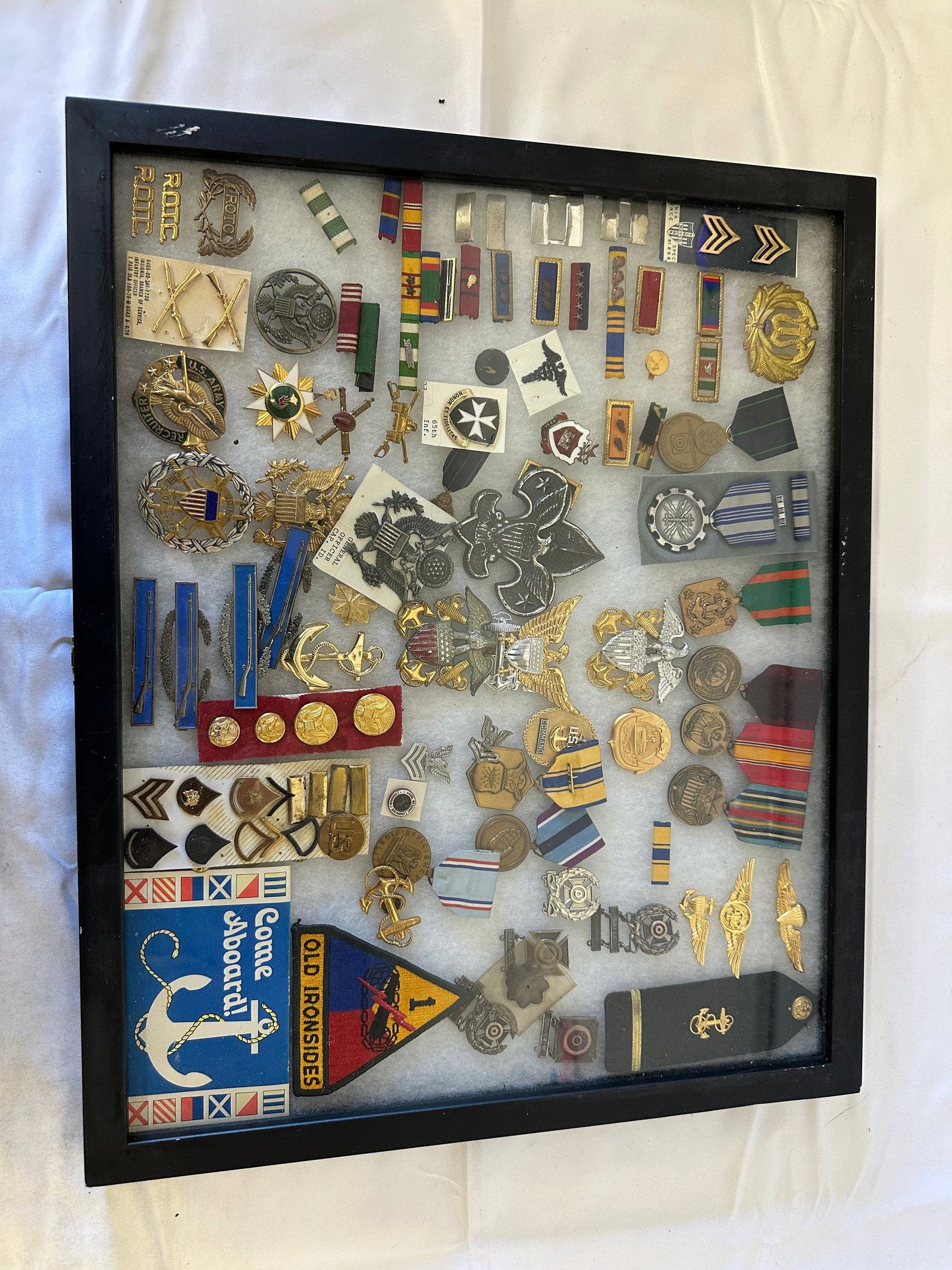 US Military Shadow Box Collection Medals Badges Ribbons Patches ROTC Navy Army (1 of 5)