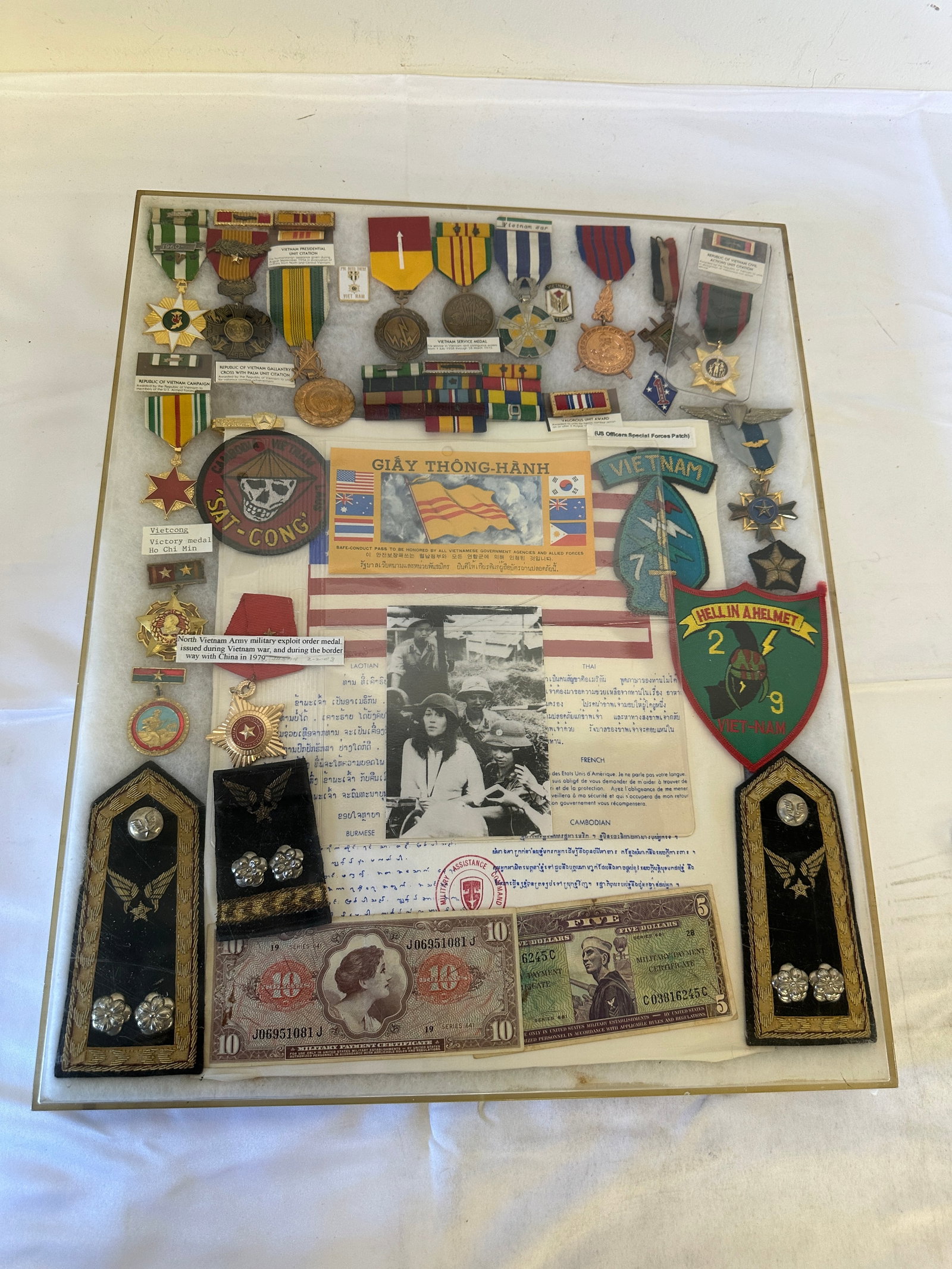 Vietnam War Era Shadow Box Display Medals Patches MPC Currency Ephemera (1 of 6)
