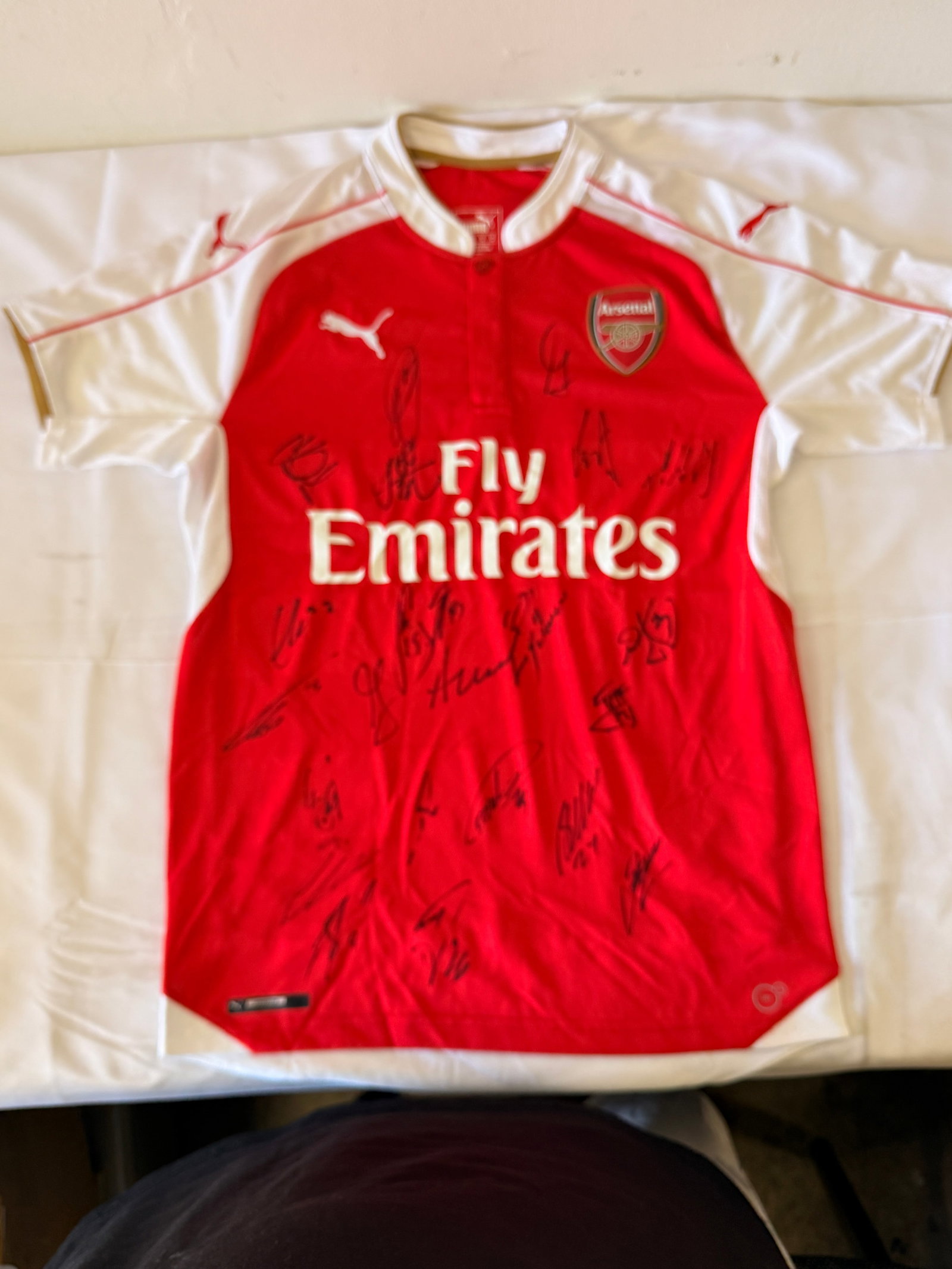 Arsenal FC Multi-Signed Puma Home Shirt 2015/16 Fly Emirates Squad Signatures: Arsenal FC Multi-Signed Puma Home Shirt 2015/16 Fly Emirates Squad Signatures