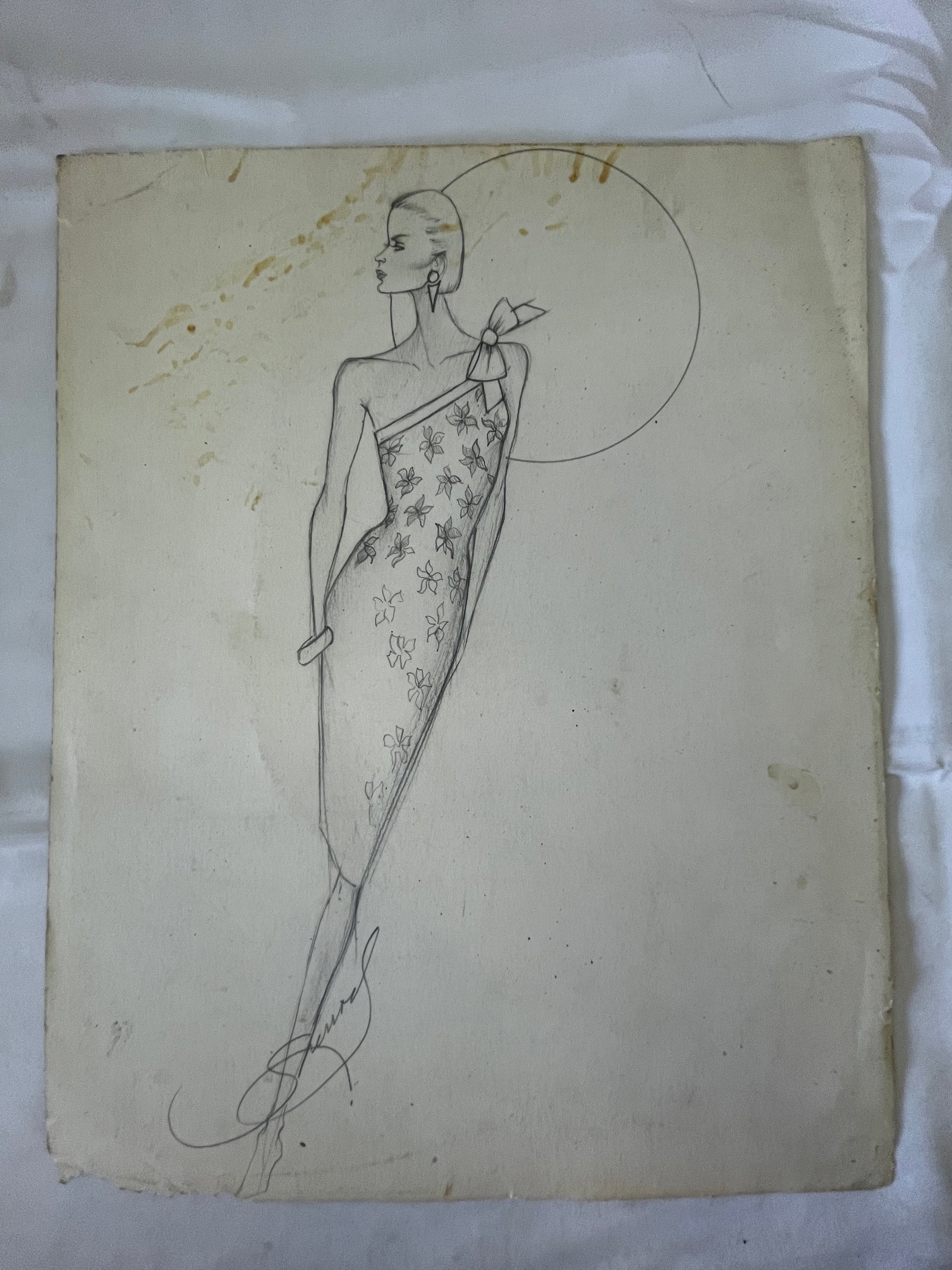 Vintage Fashion Illustration Pencil Drawing One-Shoulder Floral Gown Signed: Vintage Fashion Illustration Pencil Drawing One-Shoulder Floral Gown Signed
