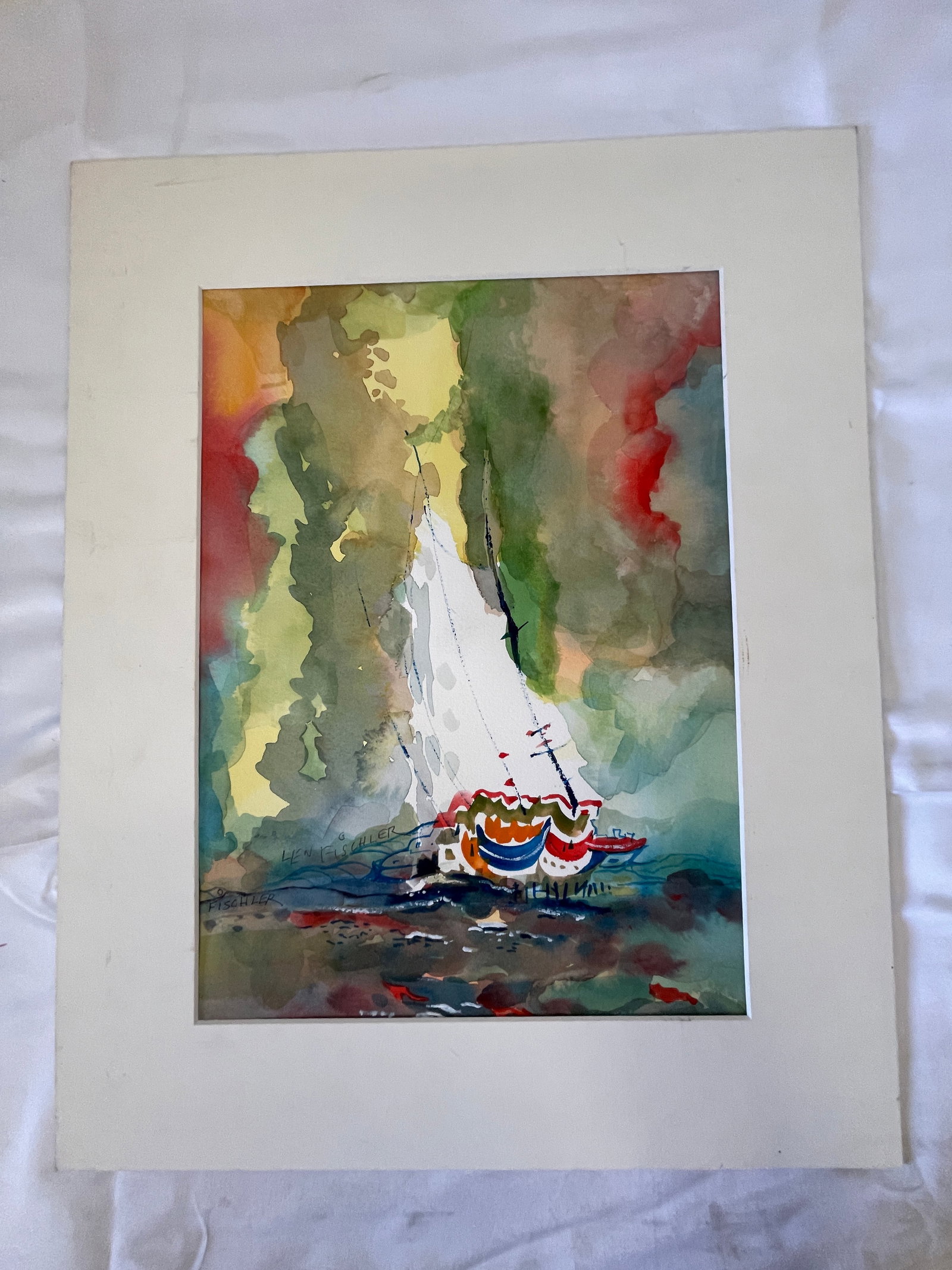 Len Fischler Original Watercolor Painting Sailboat in Storm, Signed (1 of 4)