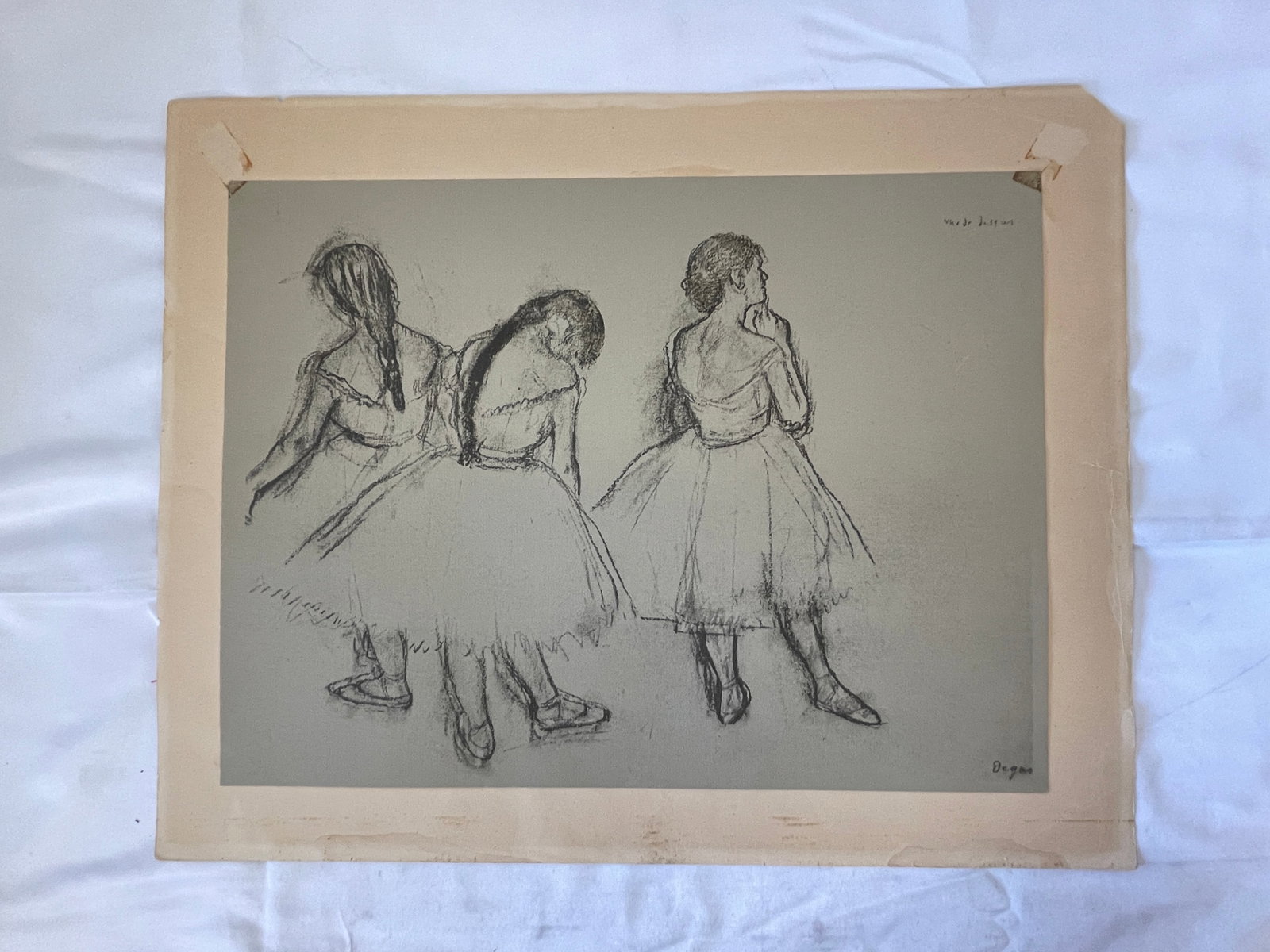 Edgar Degas Three Ballet Dancers Charcoal Lithograph Print on Grey Paper: Edgar Degas Three Ballet Dancers Charcoal Lithograph Print on Grey Paper