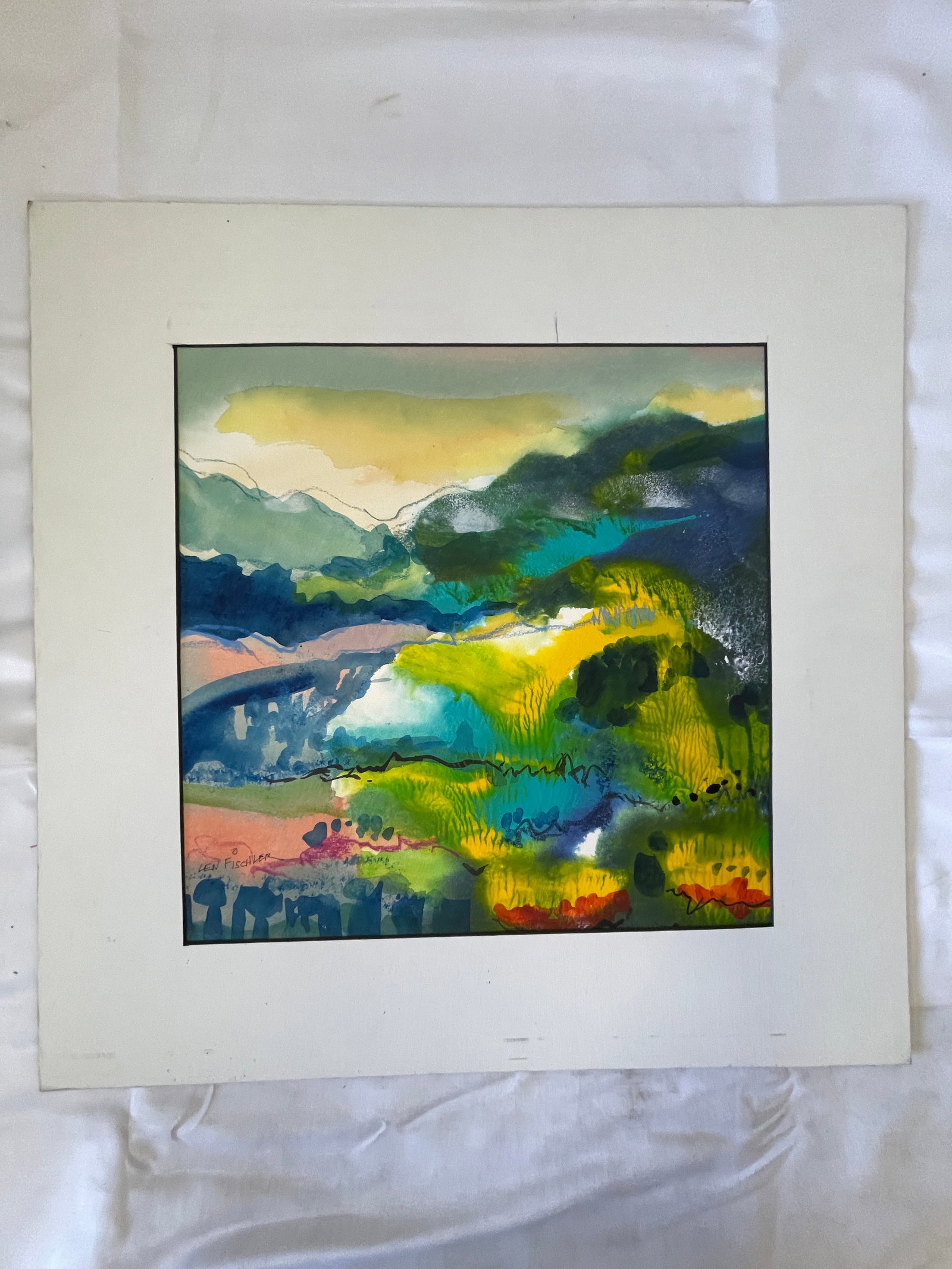 Len Fischler Original Watercolor Abstract Landscape Painting, Matted (1 of 5)