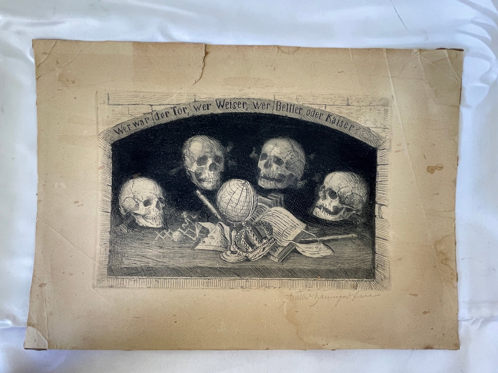 Müller-Baumgarten Vanitas Etching 'Wer war der Tor' Four Skulls No. 60: Müller-Baumgarten Vanitas Etching 'Wer war der Tor' Four Skulls No. 60