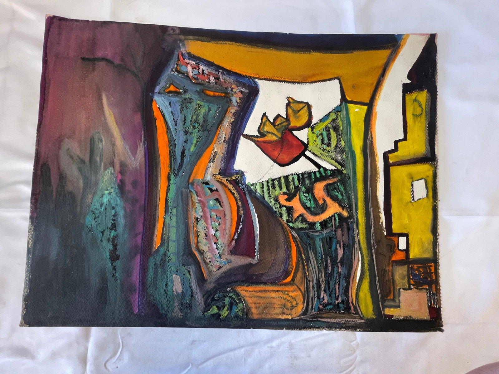 Abstract Expressionist Mixed Media Painting on Canvas Board, Urban Landscape (1 of 4)