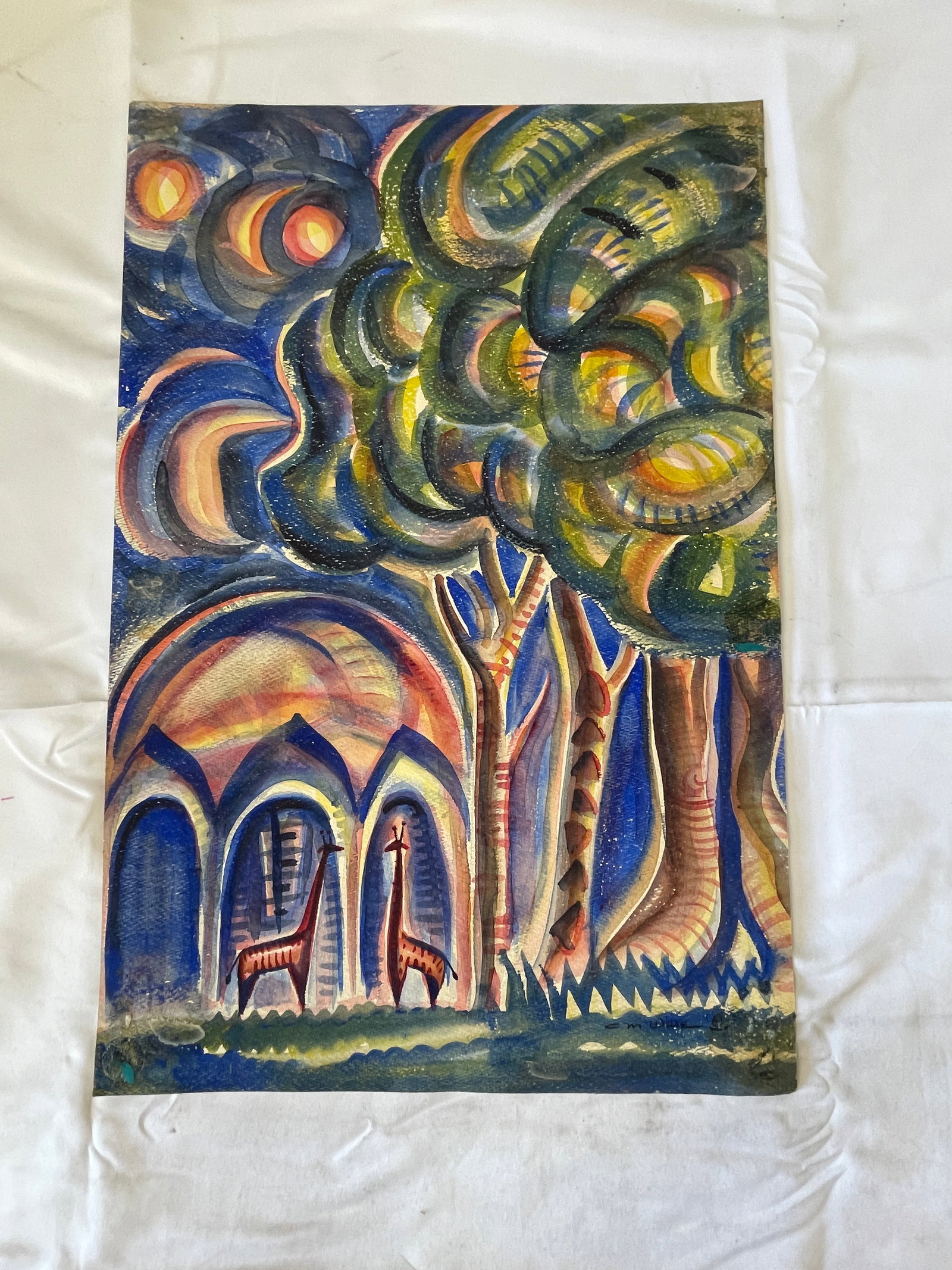 African Expressionist Watercolor Paintings on Paper, Set of Two, Signed (1 of 8)