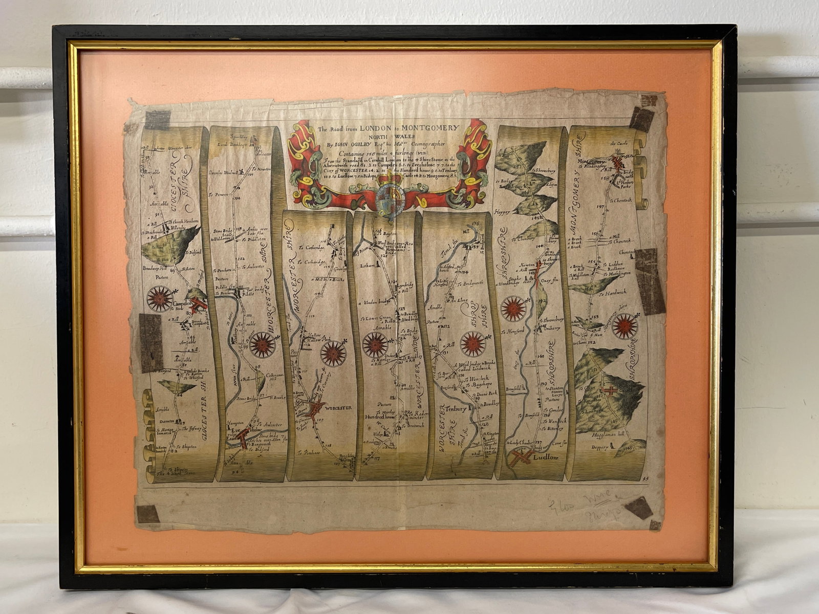 John Ogilby 1675 Hand-Colored Road Map London to Montgomery North Wales: John Ogilby 1675 Hand-Colored Road Map London to Montgomery North Wales