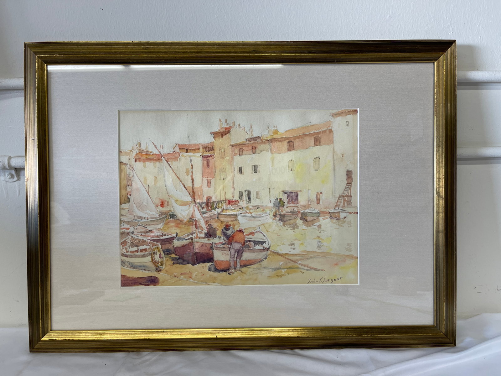 Attributed to John S. Sargent Signed Harbour Scene Watercolour Painting Gilt Framed (1 of 7)