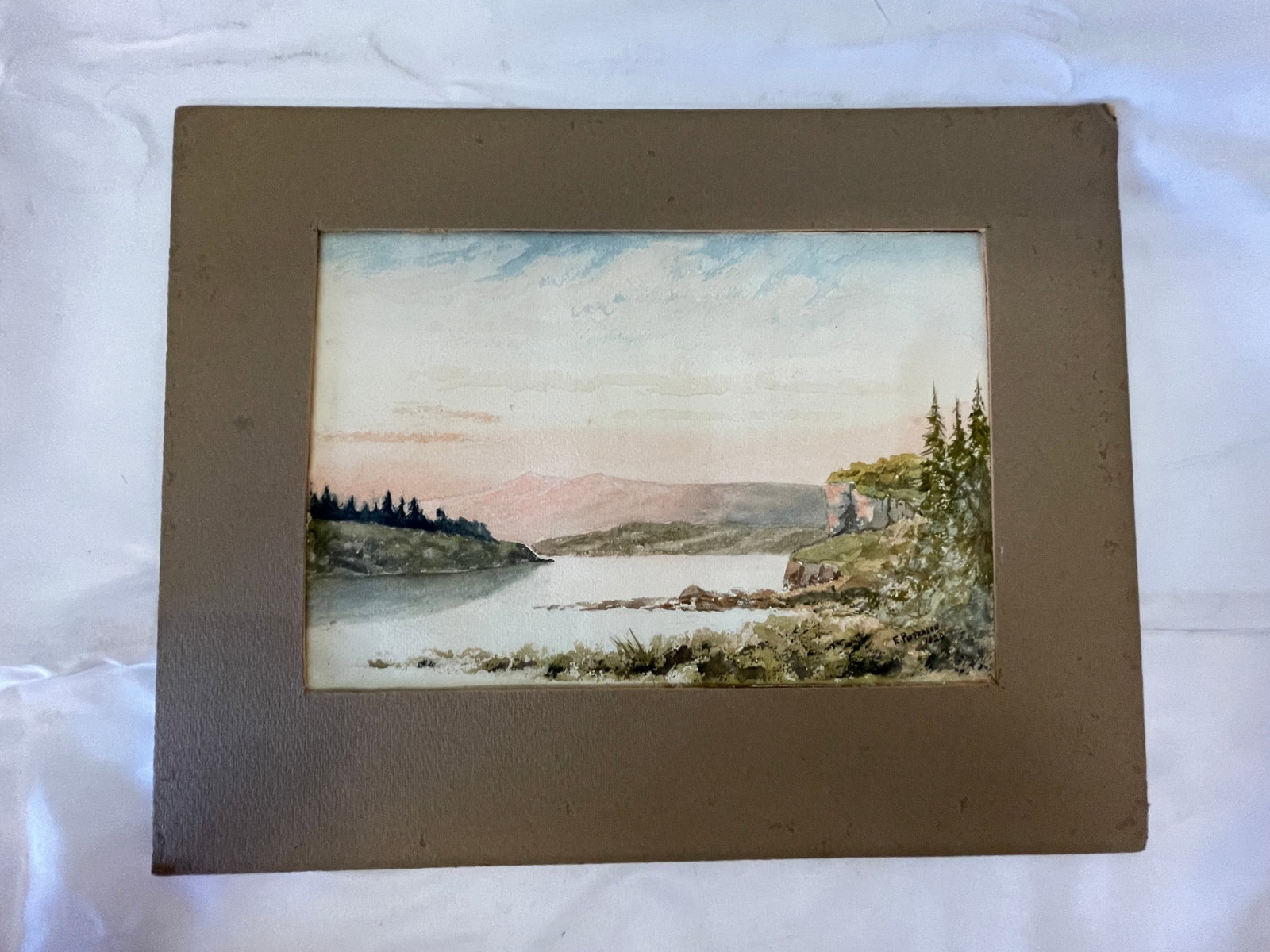 E. Petersen Antique Watercolor Landscape Painting Lake & Mountains c.1900: E. Petersen Antique Watercolor Landscape Painting Lake & Mountains c.1900