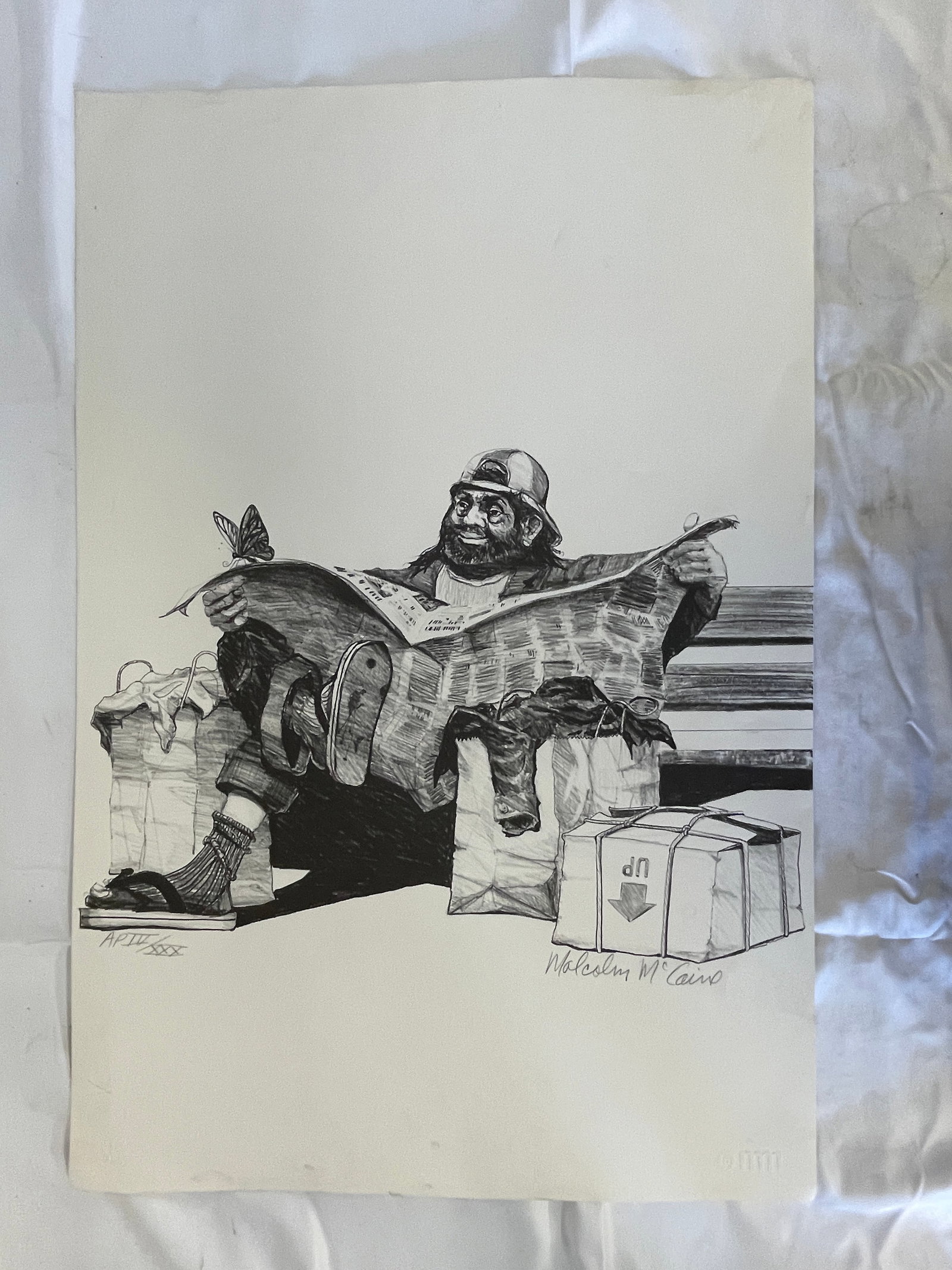 Malcolm McCairo Lithograph AP IV/XXX Man on Bench Reading Newspaper: Malcolm McCairo Lithograph AP IV/XXX Man on Bench Reading Newspaper