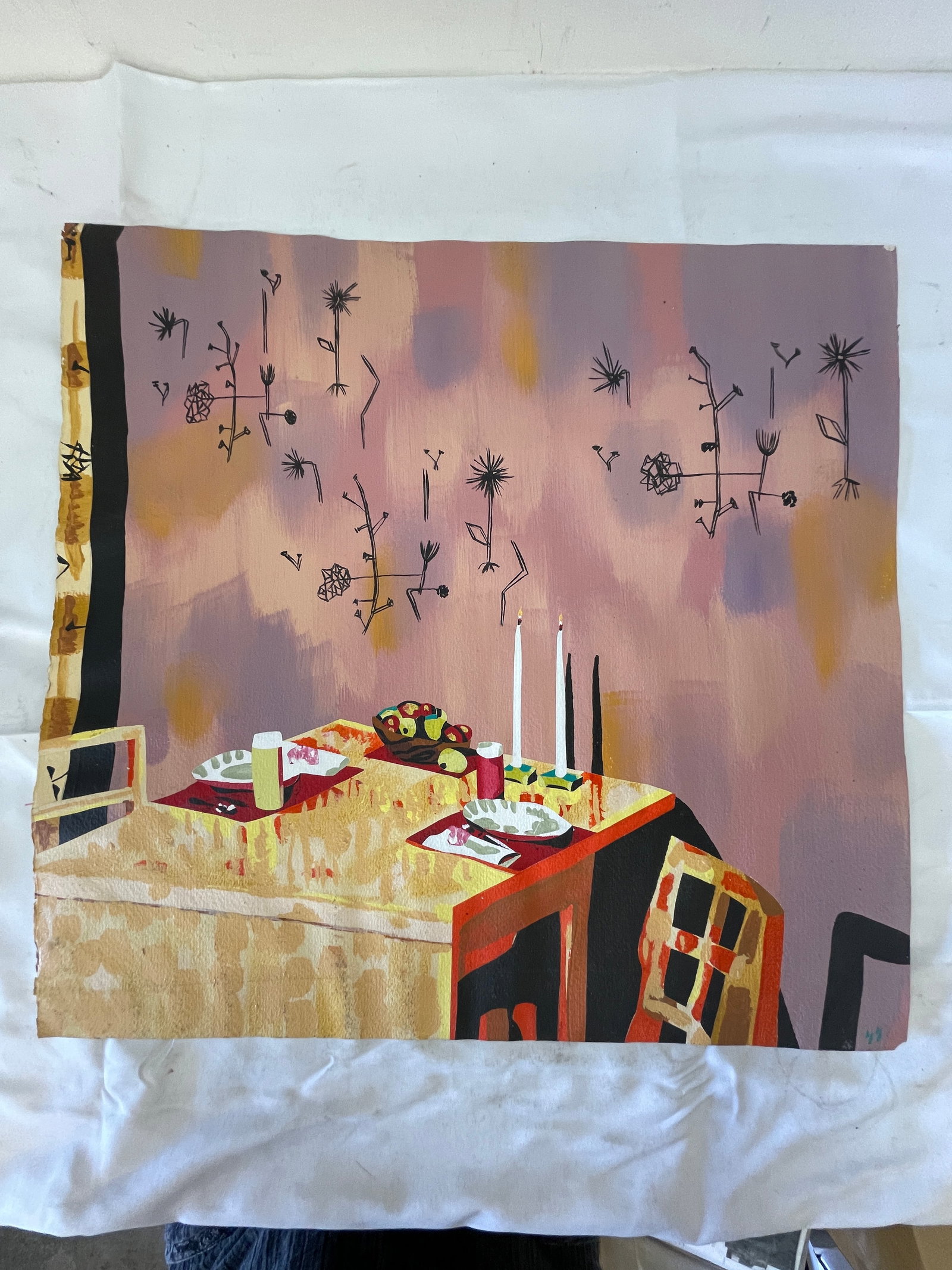 Sandy Sussman 1980 'Wire Sculptures' Mixed Media Painting on Board (1 of 5)