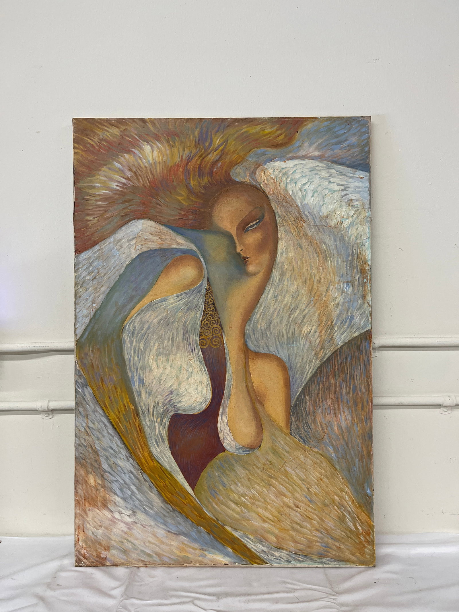 Angel Figure Oil on Canvas Painting, Symbolist Style with Gold Detail Accents: Angel Figure Oil on Canvas Painting, Symbolist Style with Gold Detail Accents