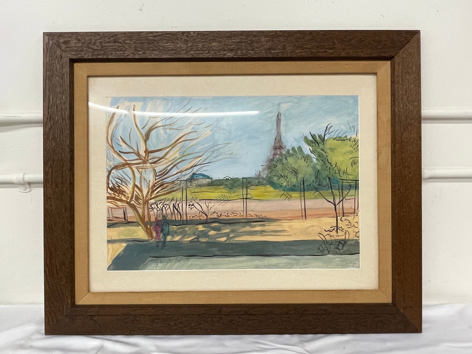 Jean Duffe French Watercolor Painting Eiffel Tower Paris Park Scene (1 of 4)