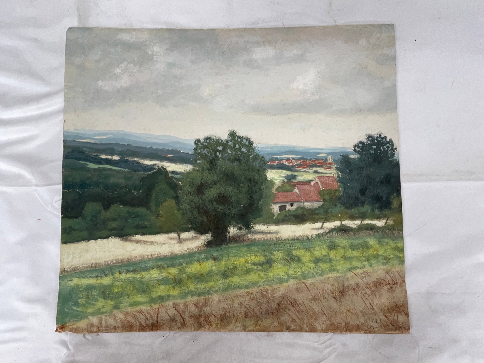 French Impressionist Pastel Landscape Painting Rural Village Scene Signed (1 of 4)
