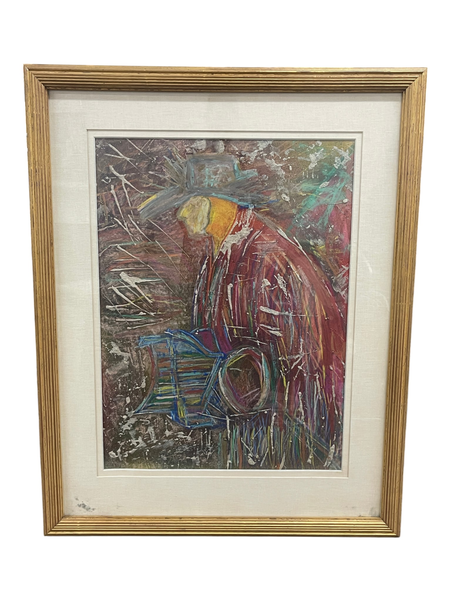 Abstract Expressionist Mixed Media Painting, Seated Figure with Hat, Framed: Abstract Expressionist Mixed Media Painting, Seated Figure with Hat, Framed