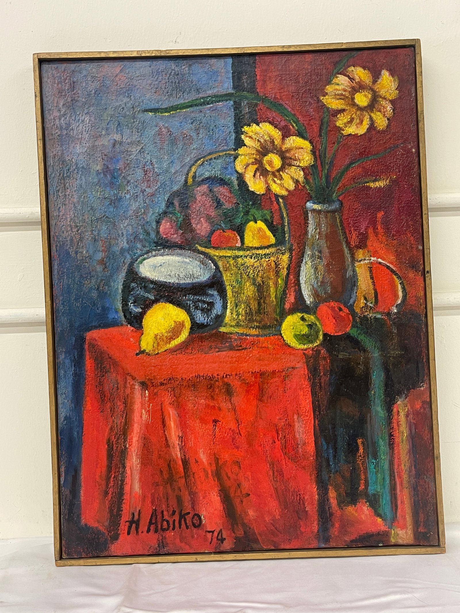 H. Abiko 1974 Oil on Canvas Still Life with Flowers and Fruit: H. Abiko 1974 Oil on Canvas Still Life with Flowers and Fruit