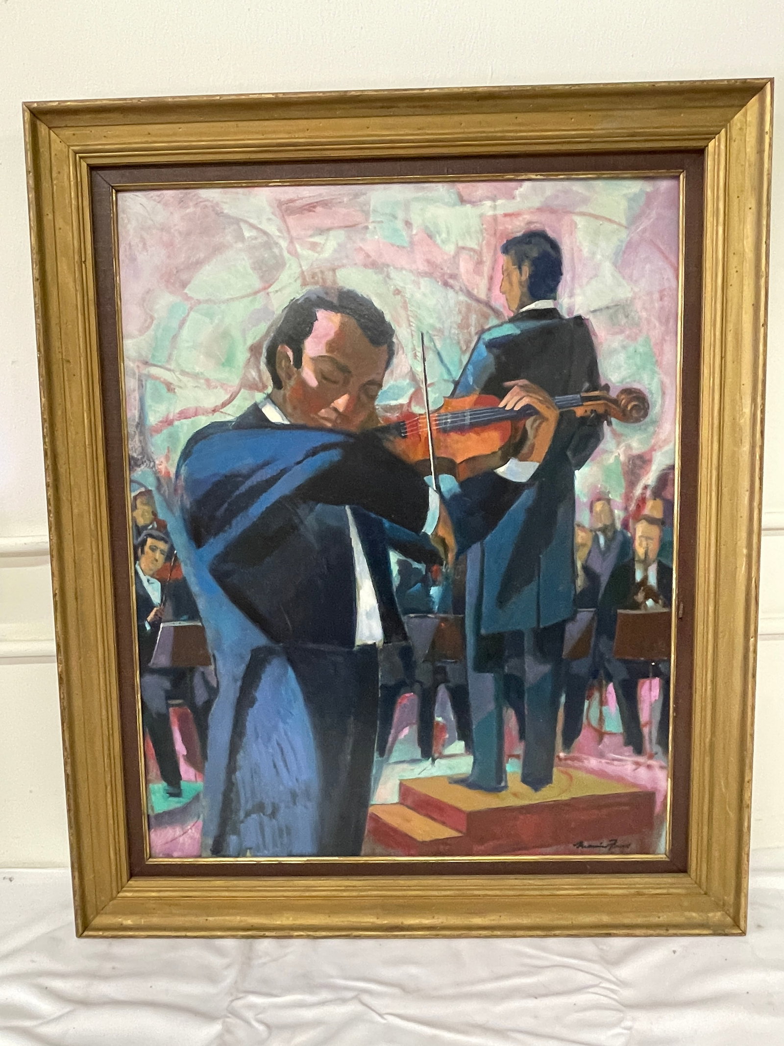 Orchestra Violinists Oil on Board Painting Signed Mid-Century Modern: Orchestra Violinists Oil on Board Painting Signed Mid-Century Modern