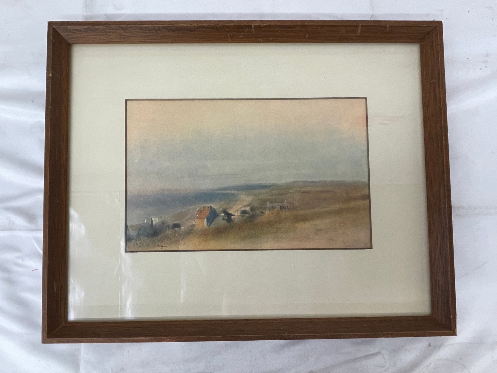 Degas Signed Pastel Landscape Painting, Village on Rolling Hills: Degas Signed Pastel Landscape Painting, Village on Rolling Hills