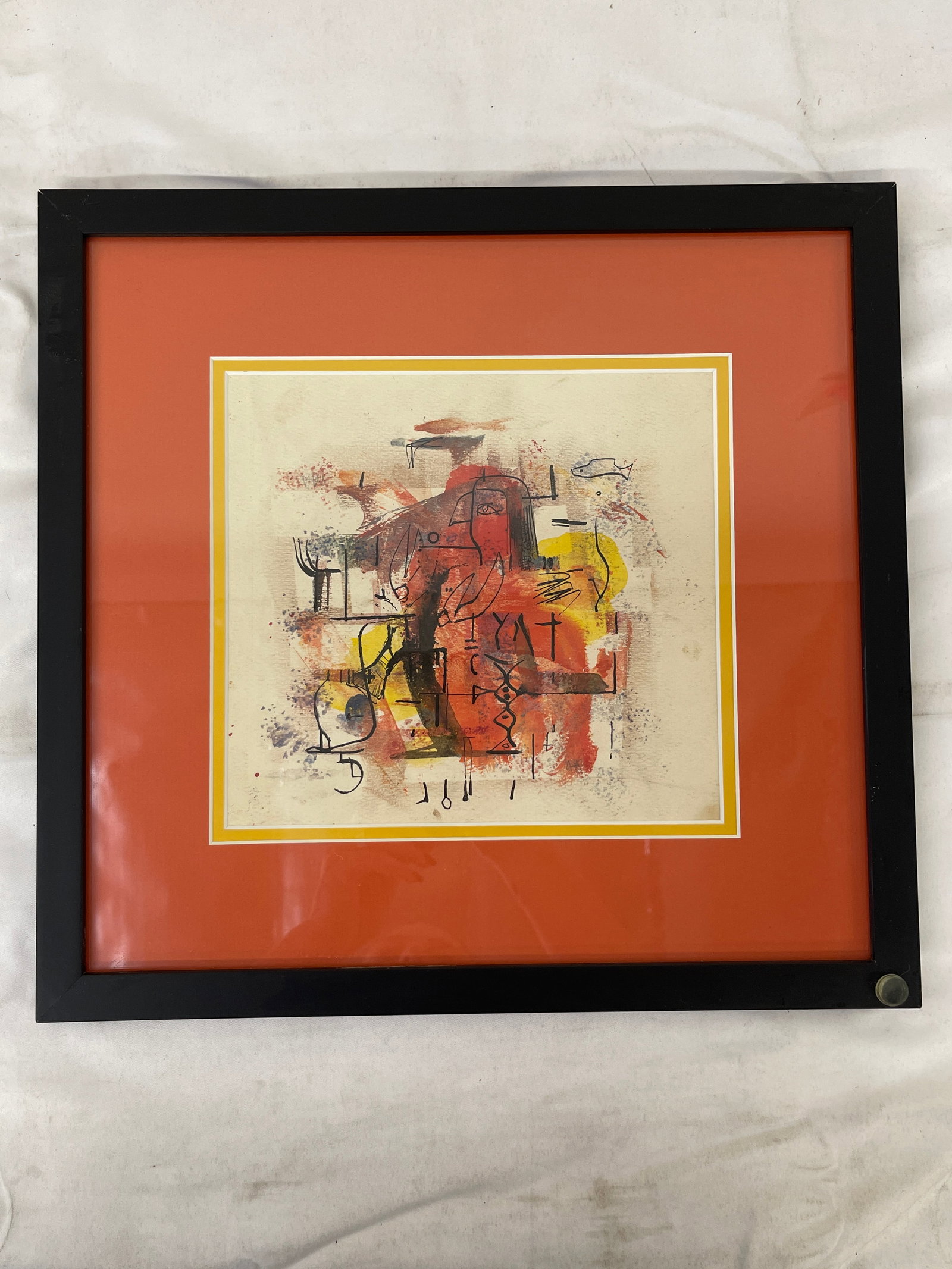 Abstract Mixed Media Painting on Paper, Framed, Primitive Hieroglyphic Style (1 of 4)