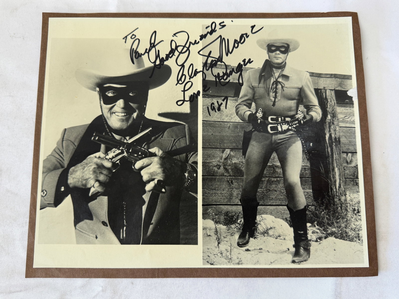 Clayton Moore Lone Ranger Signed B&W Dual Photo 1987 Autographed: Clayton Moore Lone Ranger Signed B&W Dual Photo 1987 Autographed