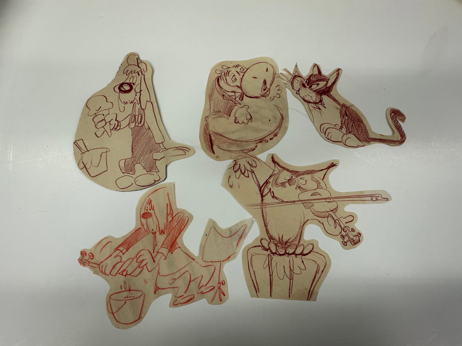 Vintage Animation Production Sketches Cut-Out Cartoon Animal Characters Set of 5: Vintage Animation Production Sketches Cut-Out Cartoon Animal Characters Set of 5