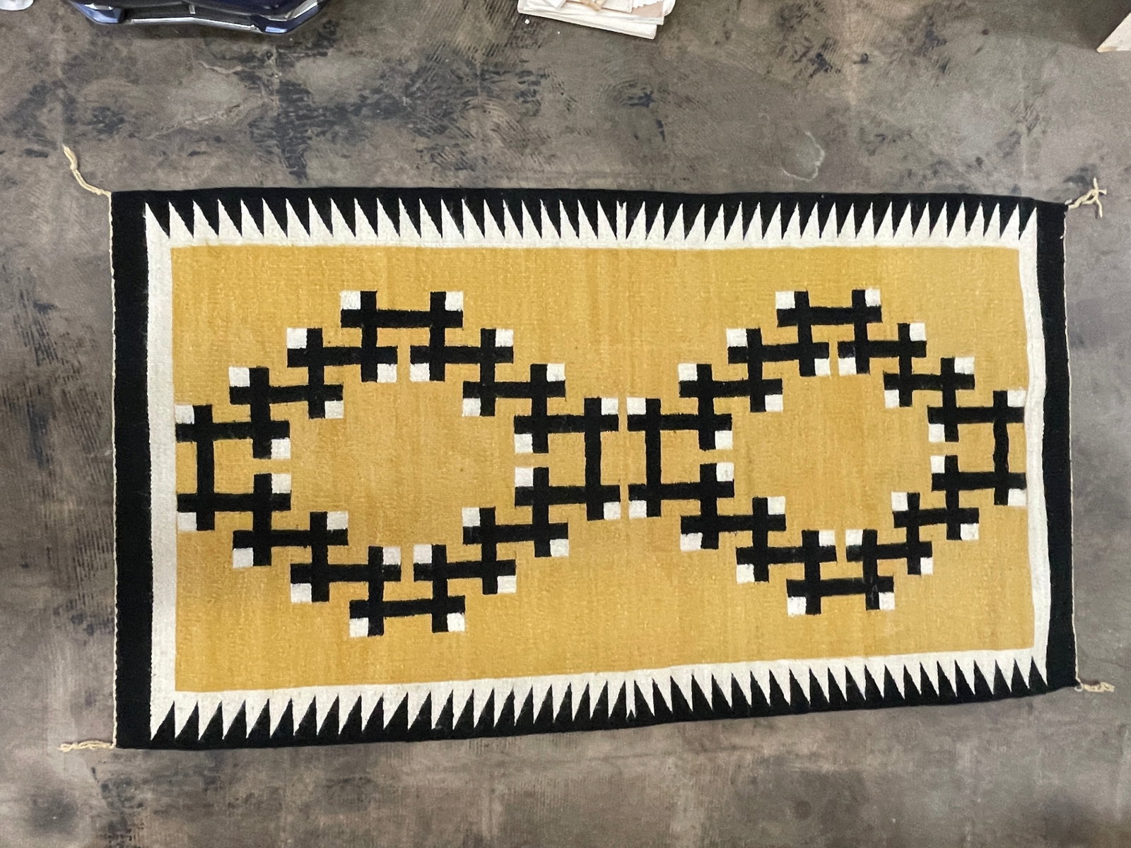 Navajo Wool Flatweave Rug, Gold Ground with Black & White Cross Motifs: Navajo Wool Flatweave Rug, Gold Ground with Black & White Cross Motifs