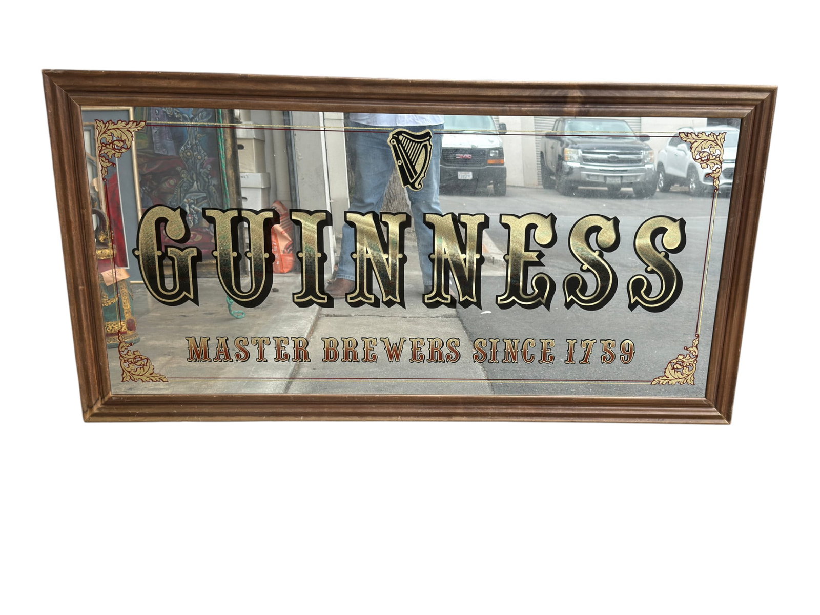 Vintage Guinness Beer Mirror Bar Display: Vintage Guinness Beer Mirror Bar Display. 65" x 34" framed.