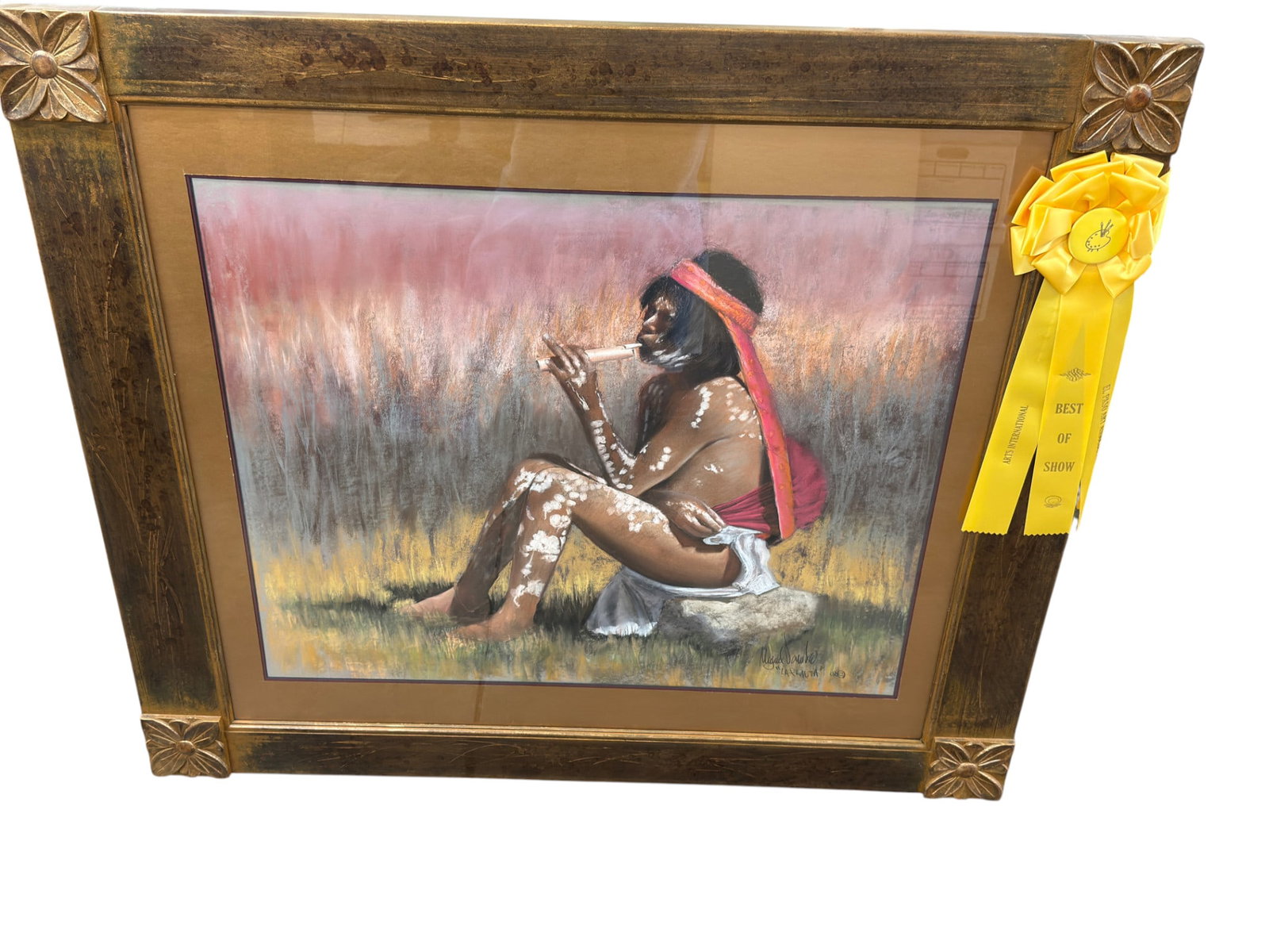 Miguel Varela (Texas) - "La Flauta" Pastel on Paper, Signed, Titled & Dated 2008: Miguel Varela (Texas) - "La Flauta" Pastel on Paper, Signed, Titled & Dated 2008. Size with frame: 44" x 40". Size of image: 32" x 26". El Paso Art Association 2008 Award Winner.