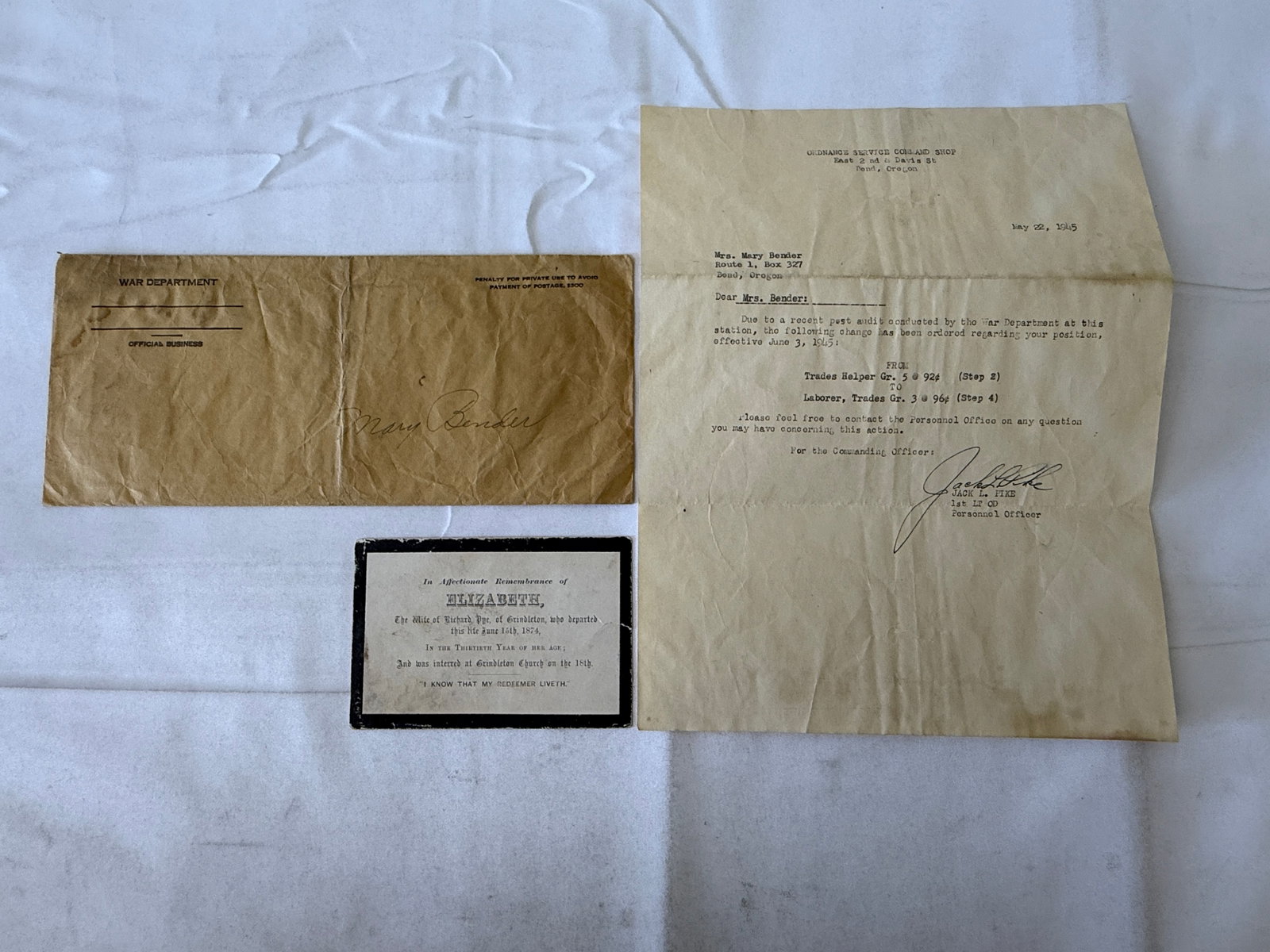 WWII Era War Department Letter 1945 Ordnance Service Command Shop Bend Oregon (1 of 2)