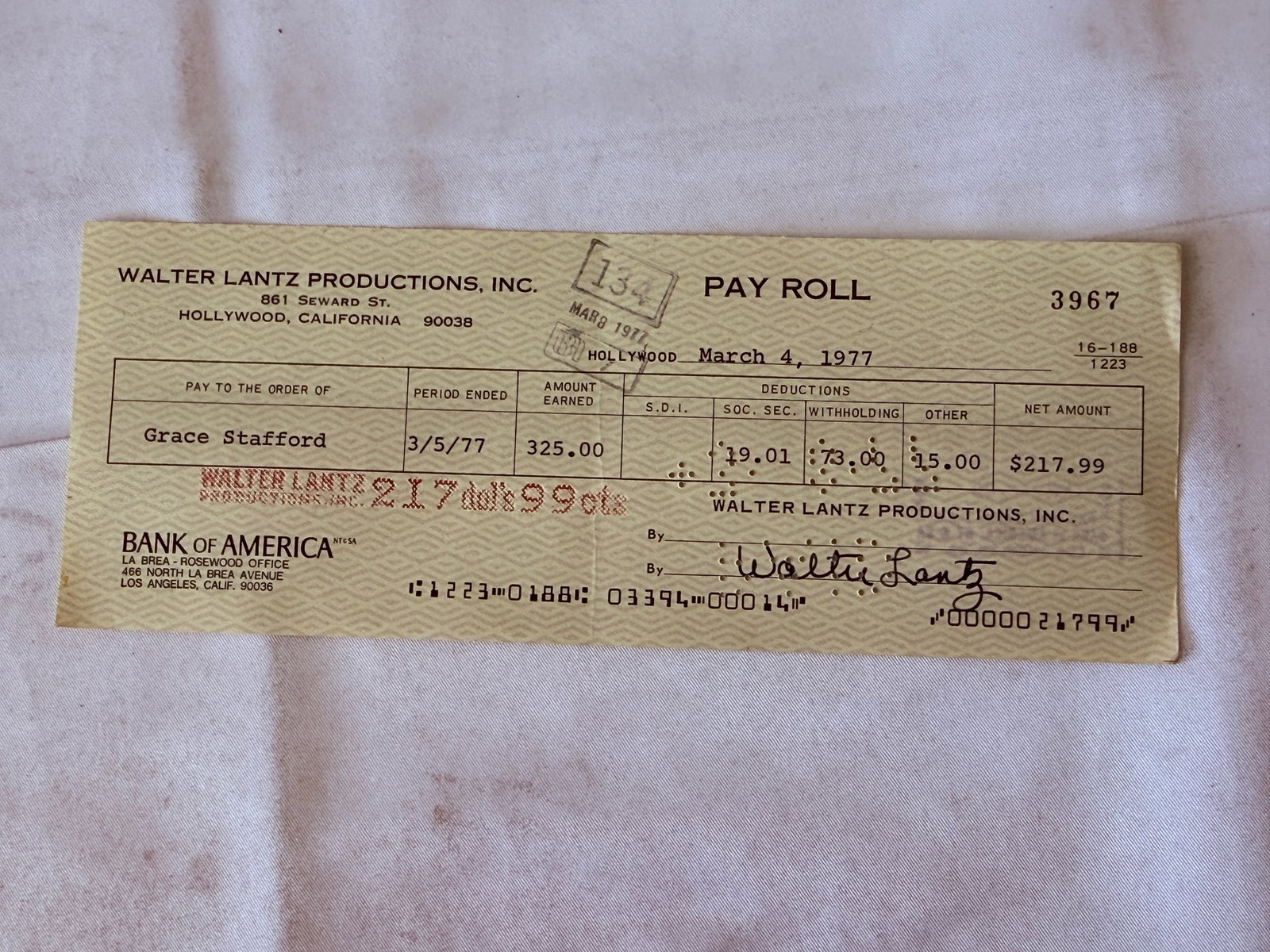 Walter Lantz Productions Signed Payroll Check 1977, Signed by Walter Lantz: Walter Lantz Productions Signed Payroll Check 1977, Signed by Walter Lantz