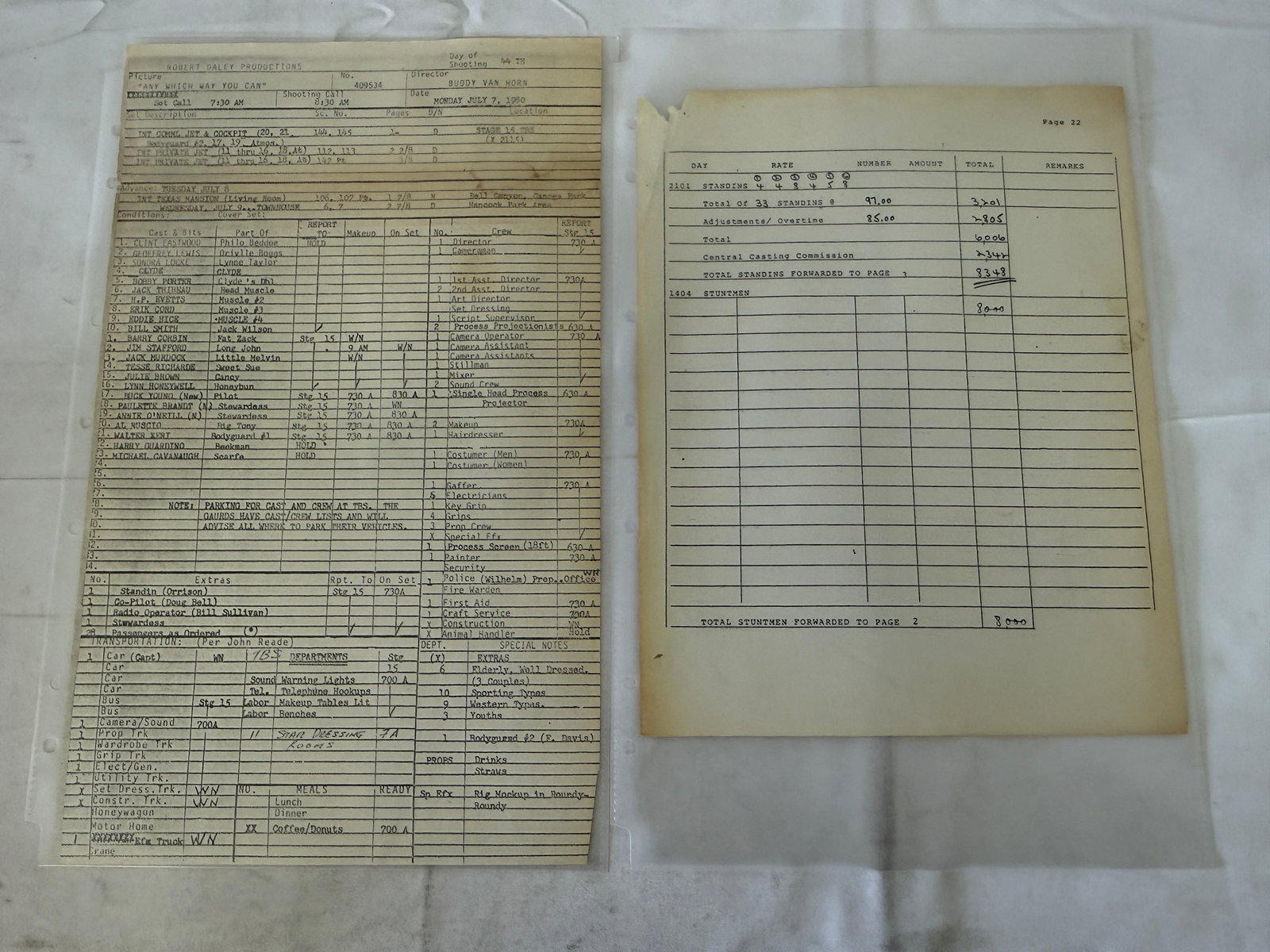Any Which Way You Can 1980 Clint Eastwood Original Production Call Sheet Robert Daley (1 of 3)