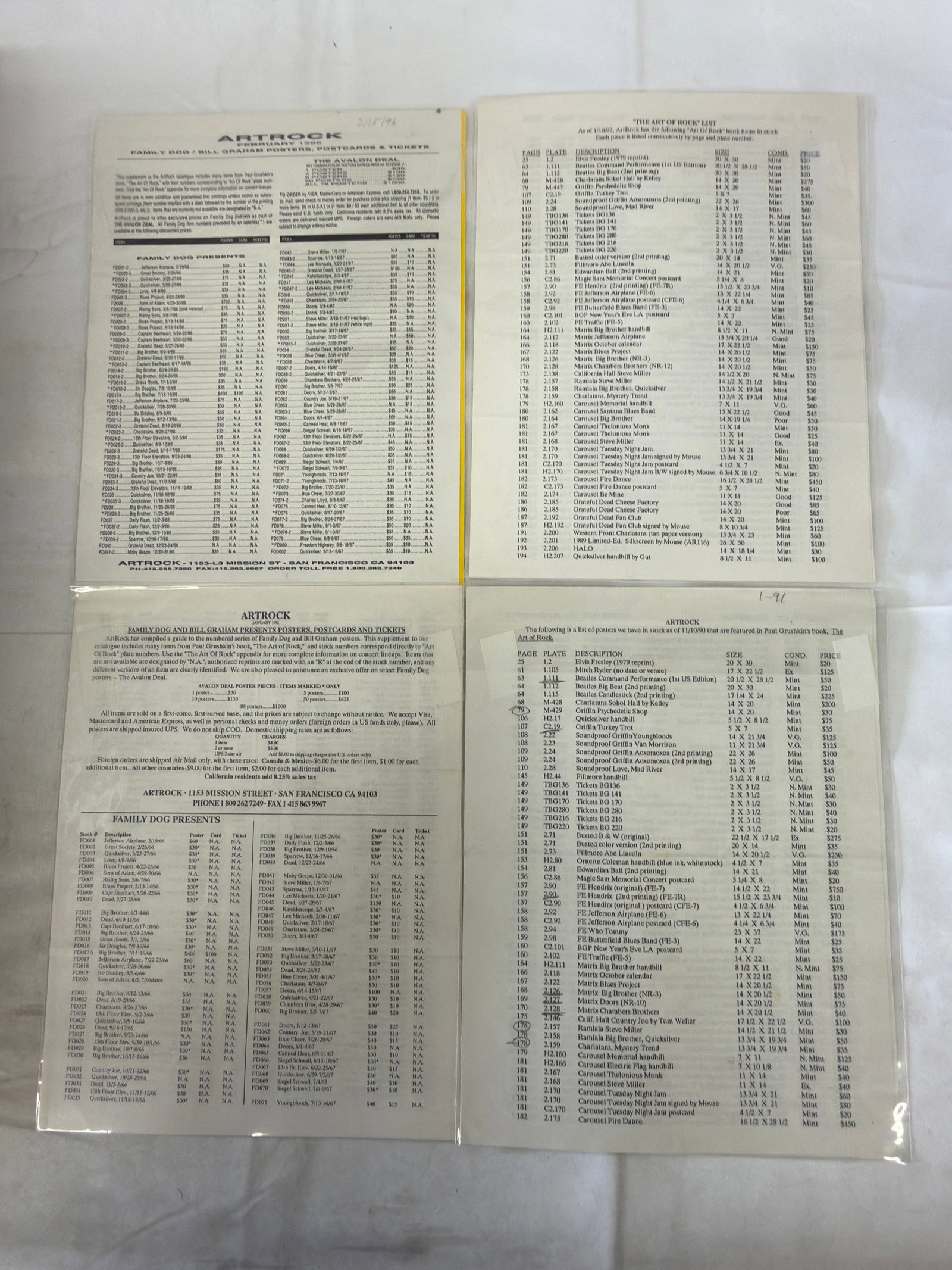 Artrock San Francisco Vintage Rock Concert Poster Price Lists & Catalogs 1990s (1 of 2)