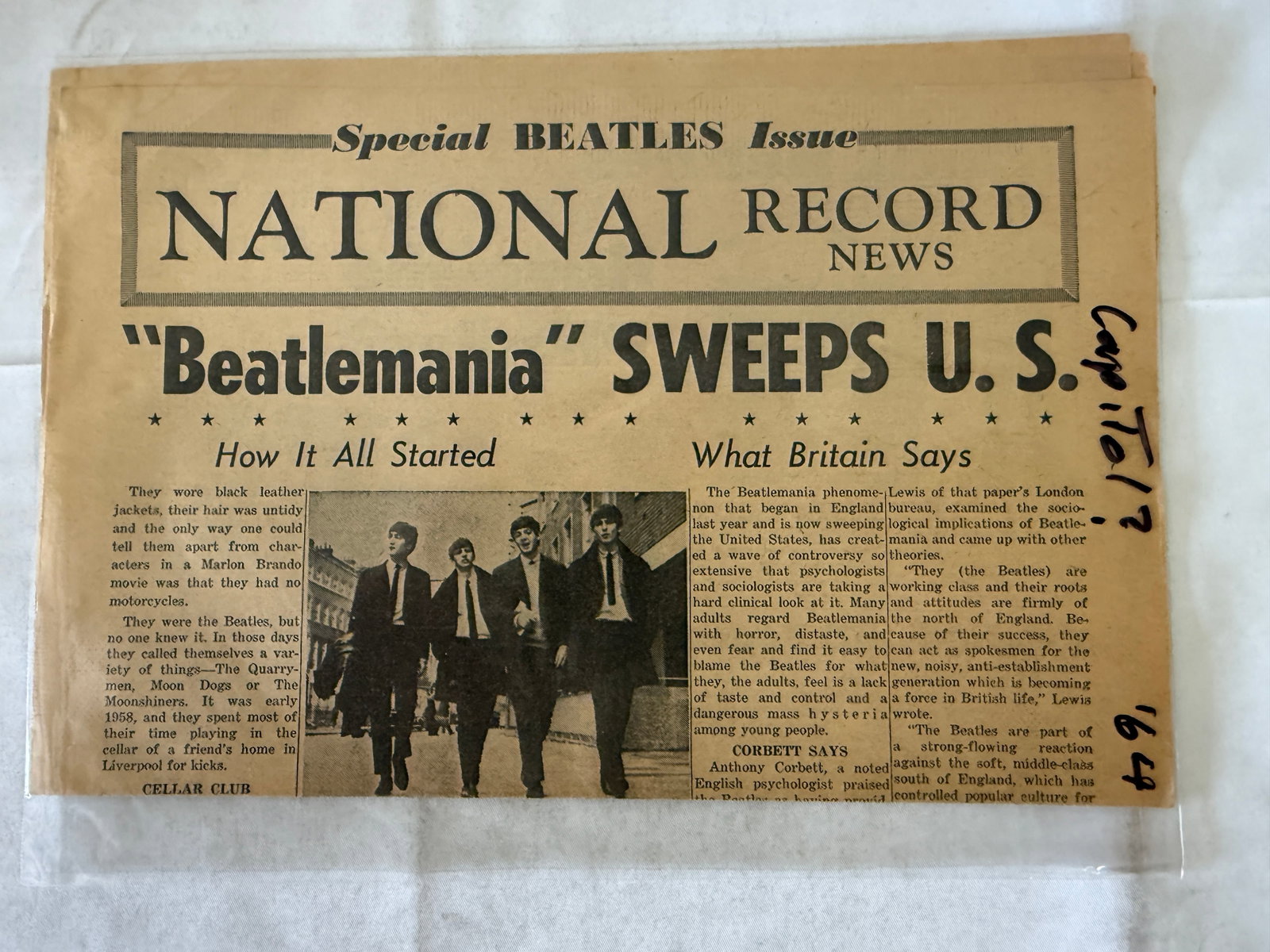 The Beatles National Record News Special Issue Newspaper 'Beatlemania Sweeps U.S.' 1964 (1 of 2)