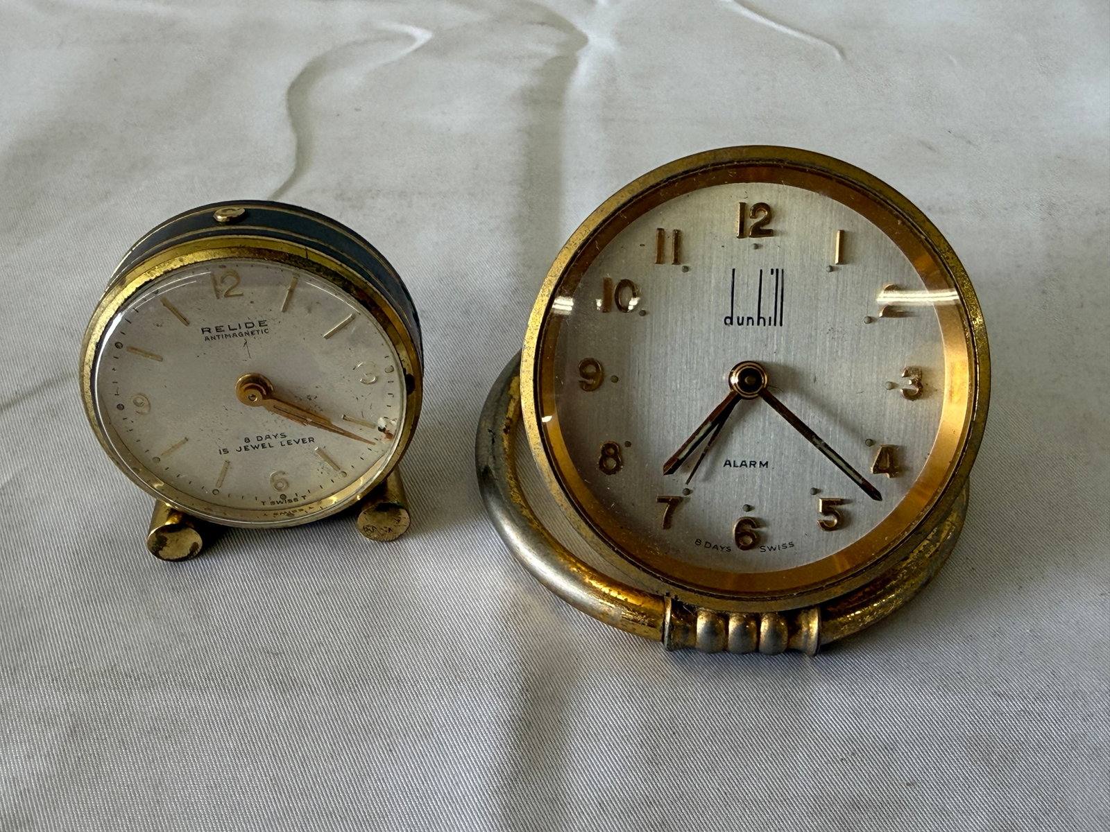 Two Vintage Swiss 8-Day Travel Alarm Clocks: Dunhill & Relide Antimagnetic (1 of 2)